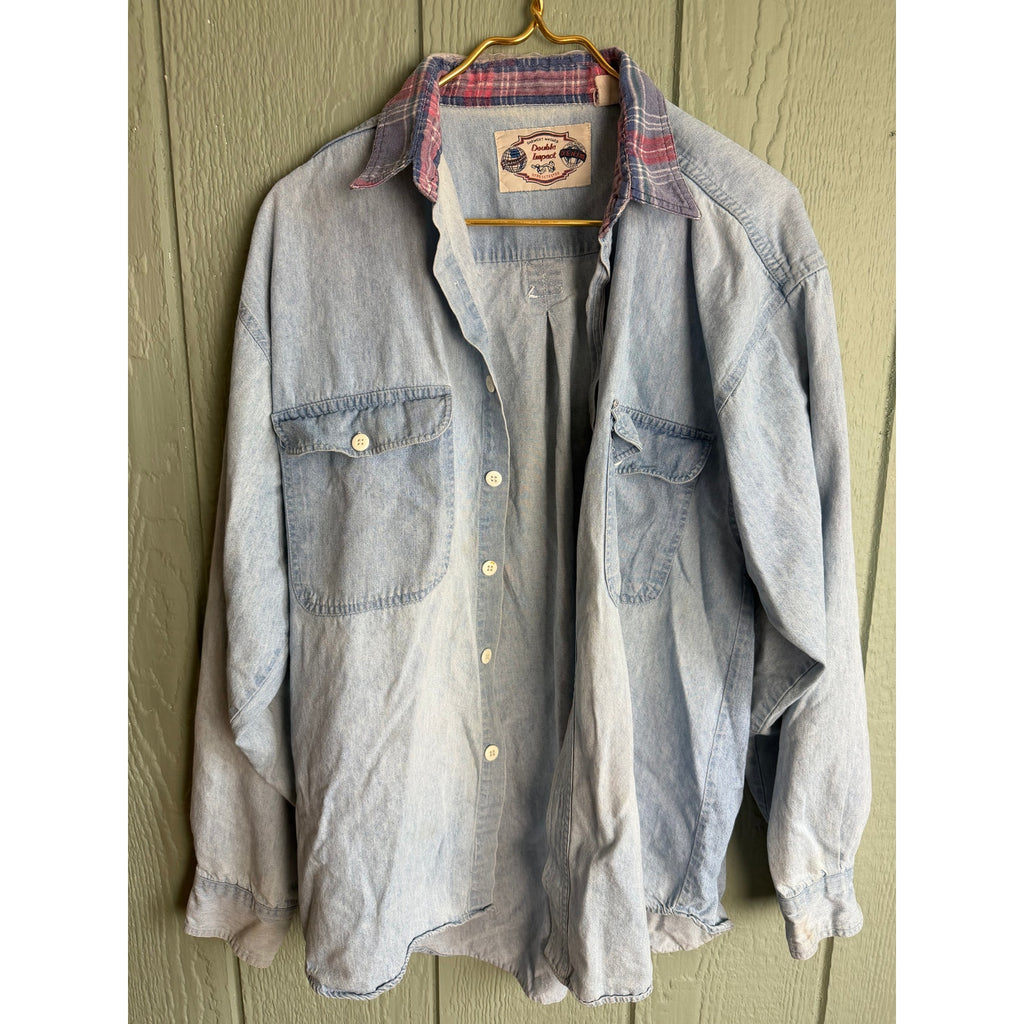 Vintage Denim Button-Up Shirt | Plaid Lined Collar | 90s Workwear