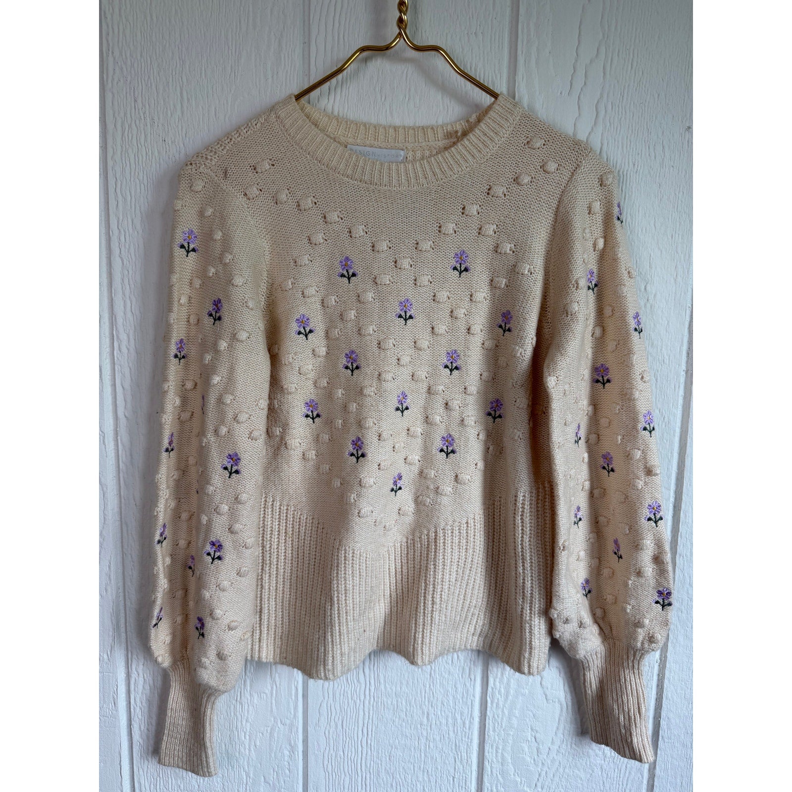 Vintage Cream Floral Embroidered Bobble Knit Sweater Cottagecore S