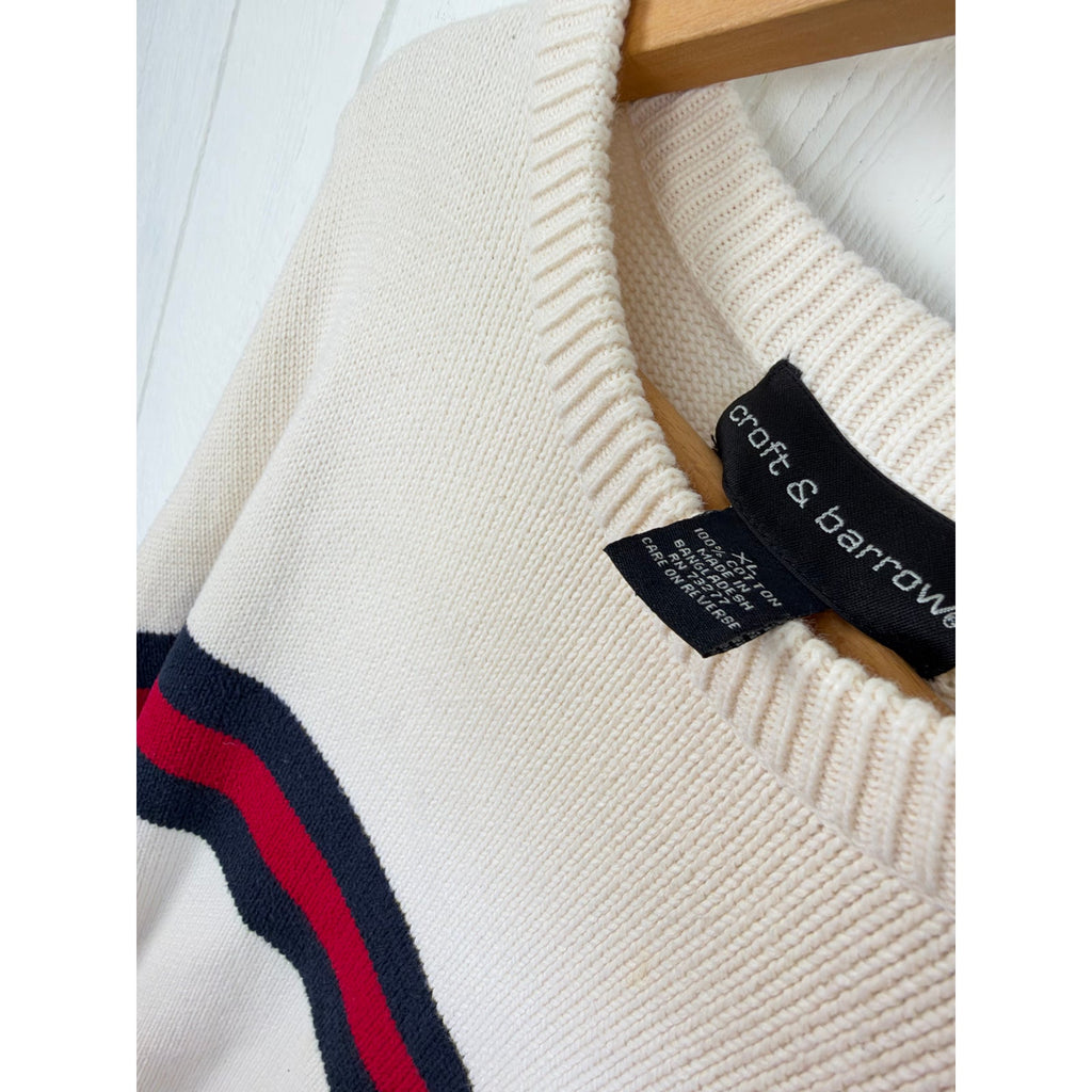 Vintage Croft & Barrow Cream Navy Red Stripe Cotton Knit Sweater Preppy 90s XL