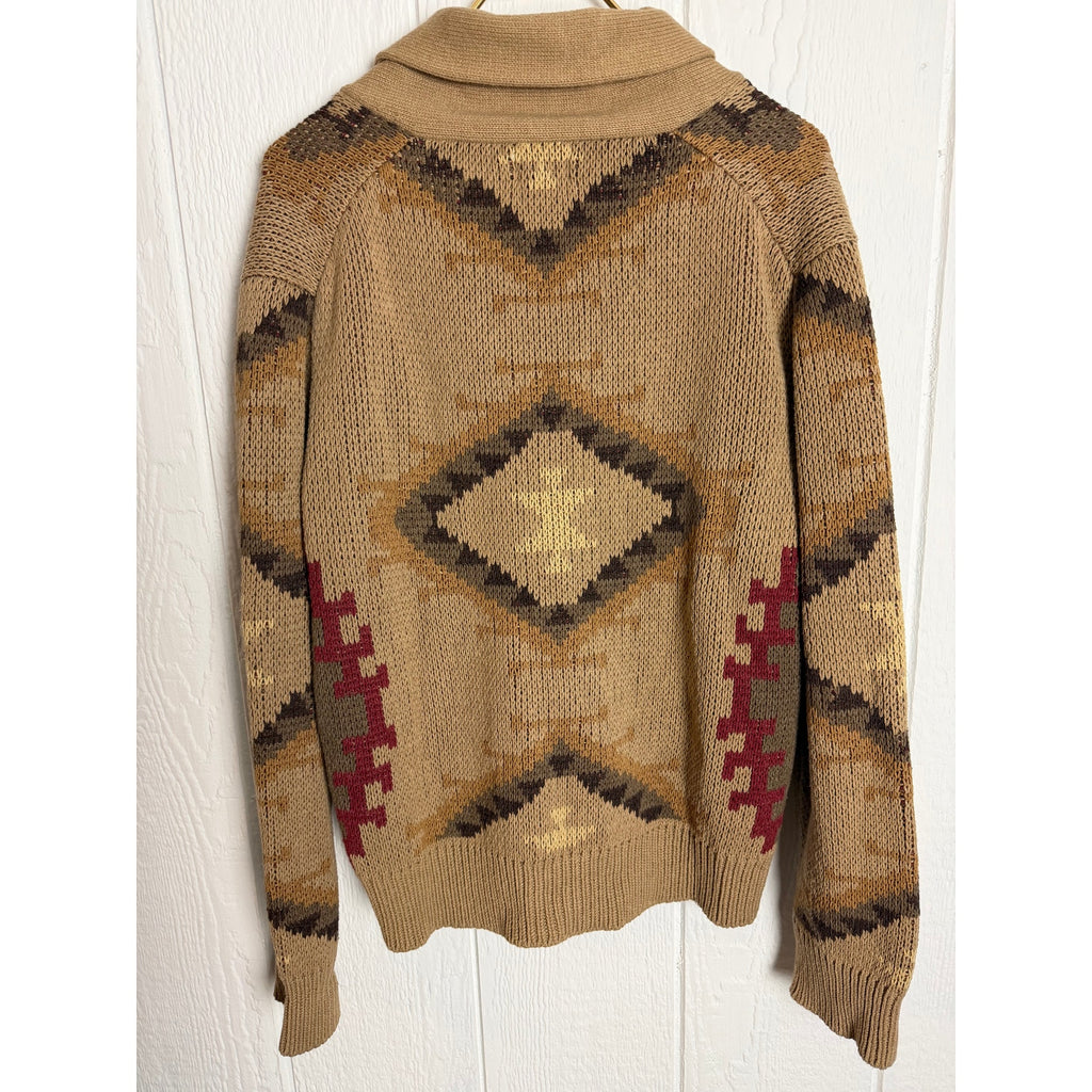 Vintage Tasha Polizzi Knit Cardigan Shawl Collar Aztec Turquoise Buttons Size XL