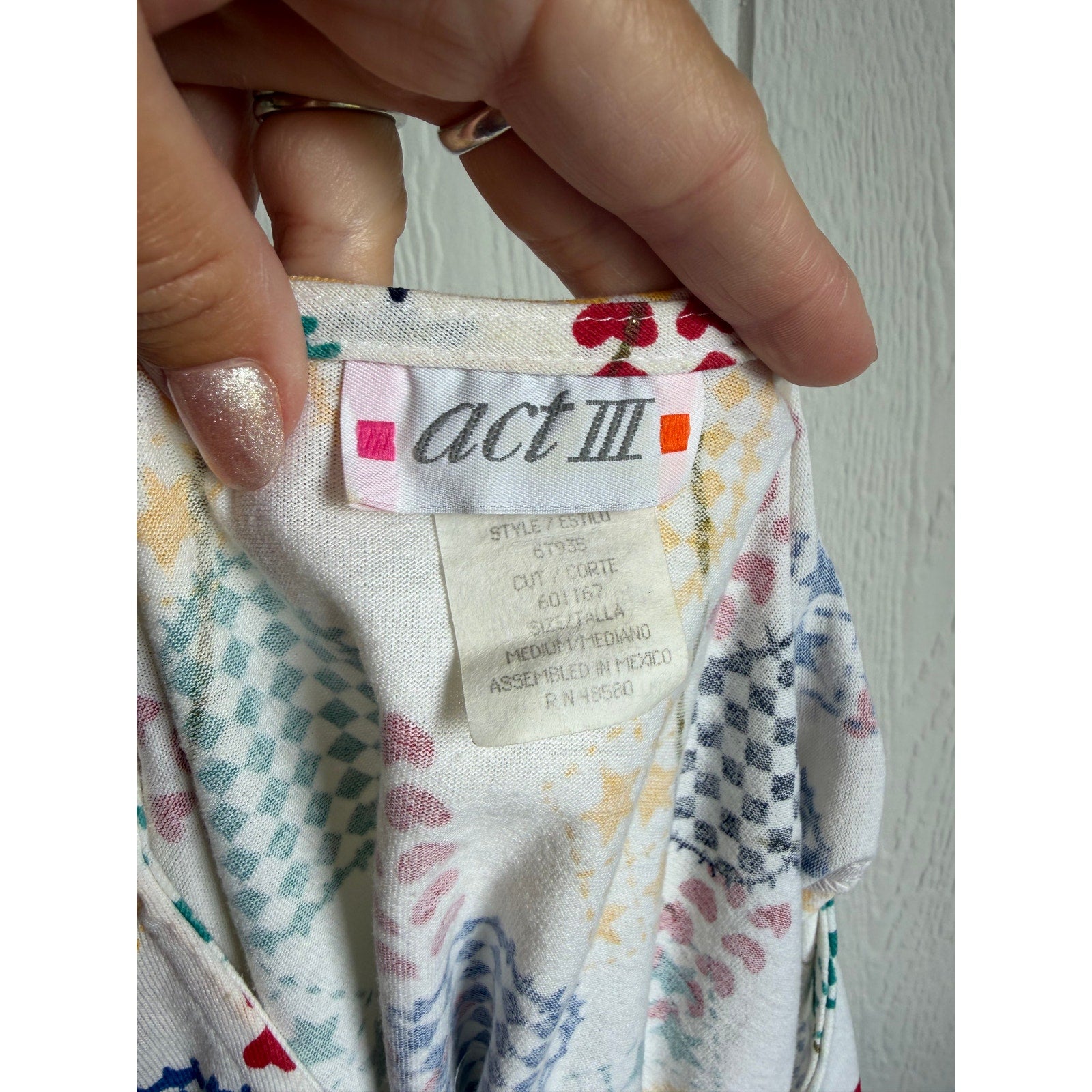 Vintage Act III Heart Print Blouse Button Front Novelty Checker Star Top Medium