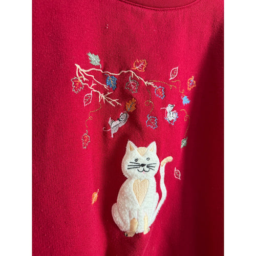 Vintage 90s Cat Embroidered Sweatshirt Size L Cottagecore