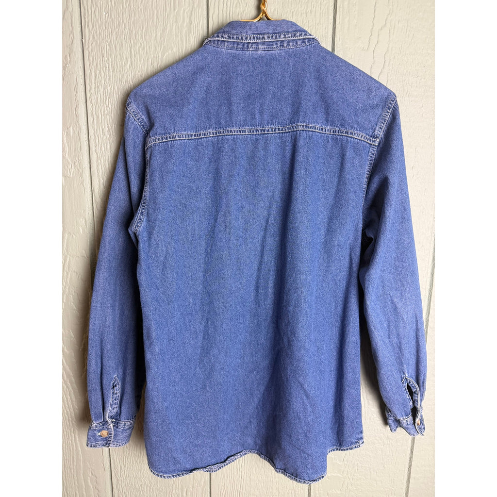 Vintage 90s Denim Shirt Farm & Floral Embroidery Button Front