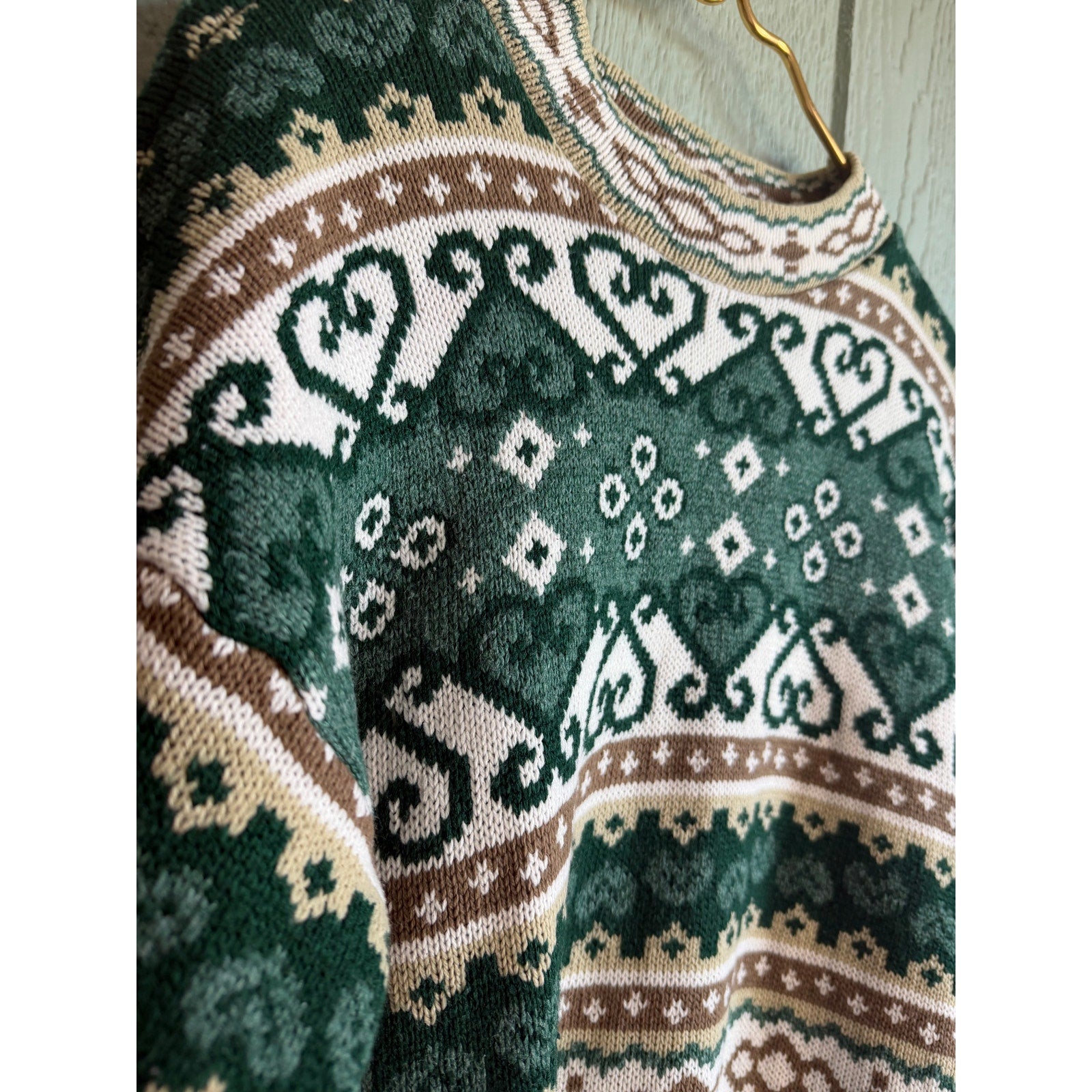 Vintage 90s Sweater Large | Green Brown Fair Isle Nordic Pattern USA Cottagecore