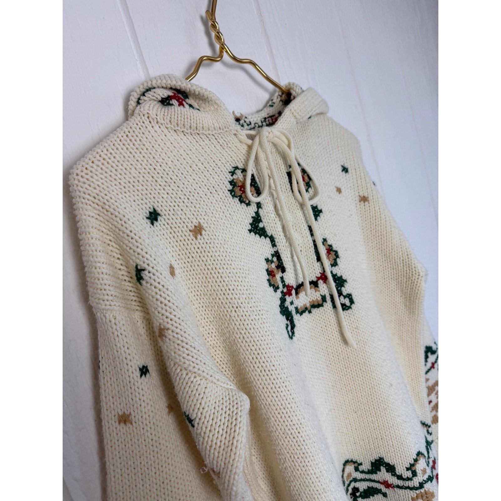 Vintage Hooded Knit Sweater Reindeer Bird Winter Folk Cottagecore Size S