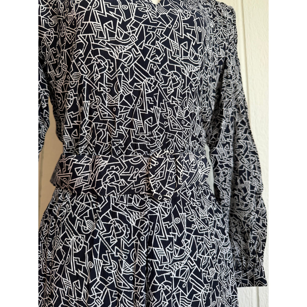 Vintage 80s/90s Abstract Geometric Midi Dress Collar Secretary Belted Dress 12