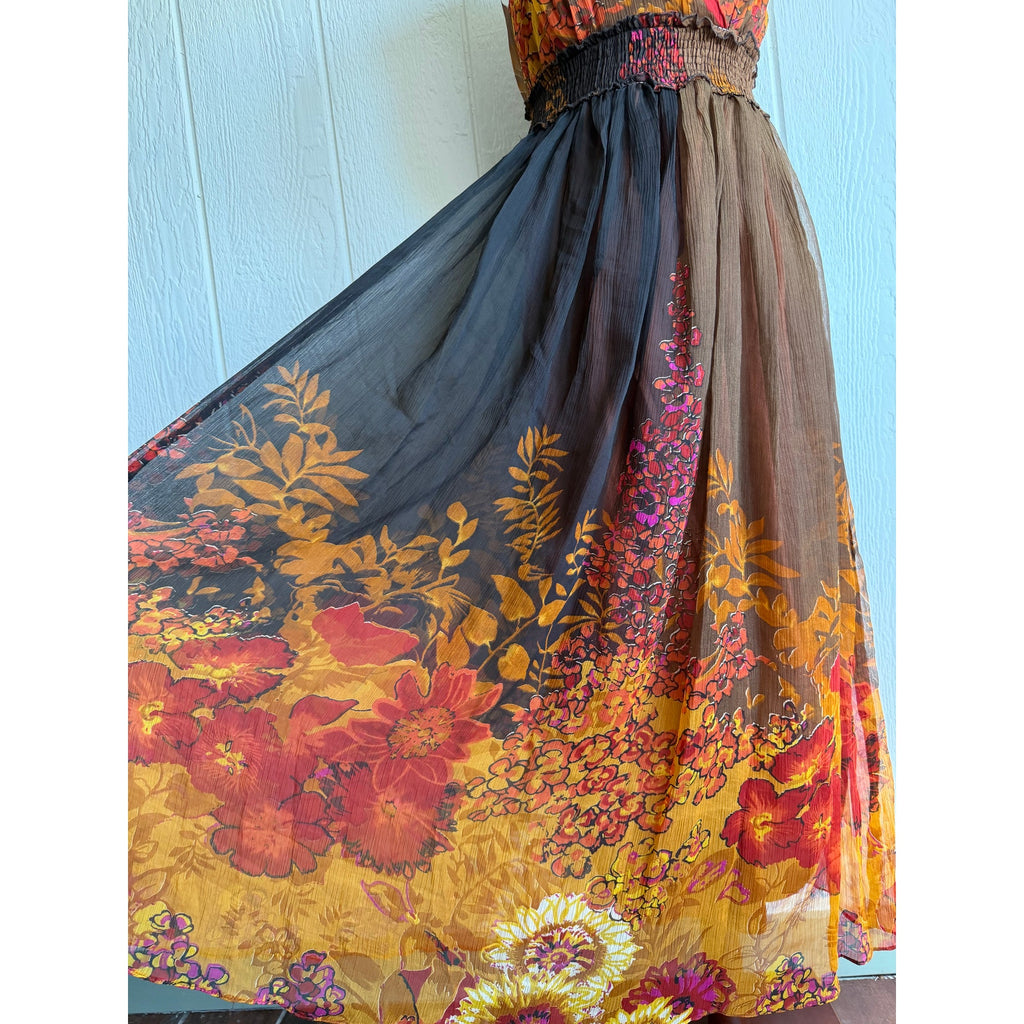 Vintage Floral Chiffon Maxi Dress Brown Orange Boho Empire Waist Medium