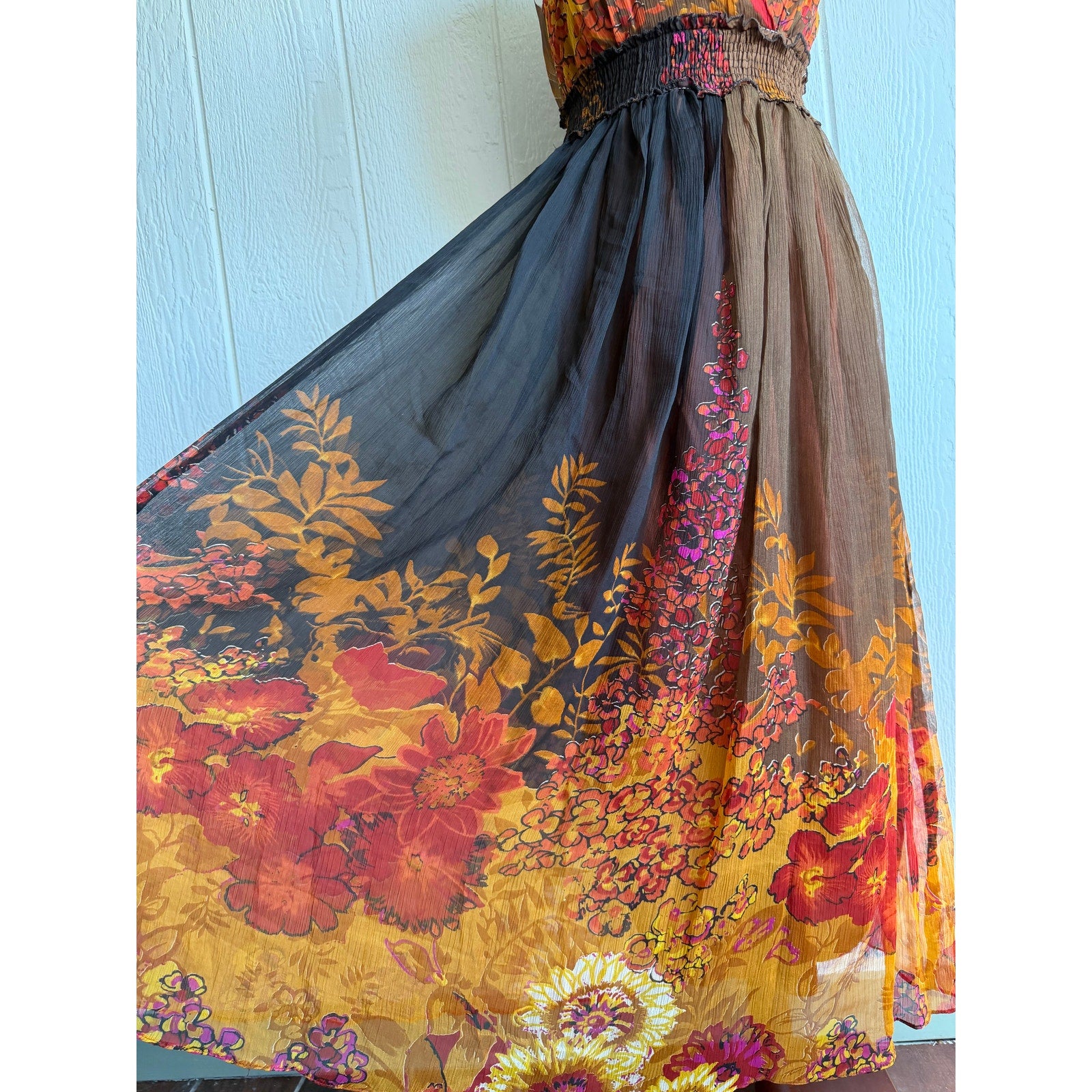 Vintage Floral Chiffon Maxi Dress Brown Orange Boho Empire Waist Medium