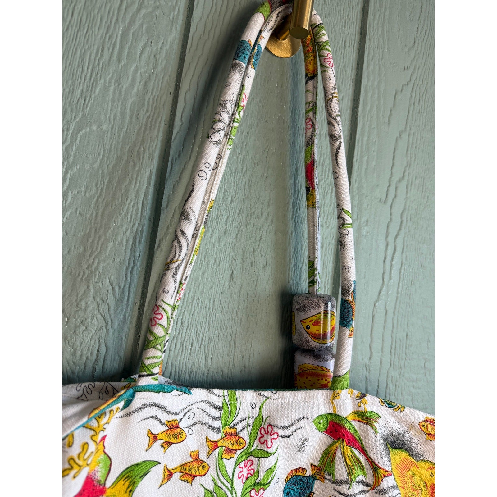 Vintage Fish Print Canvas Tote Bag w/ Wooden Beads 90s