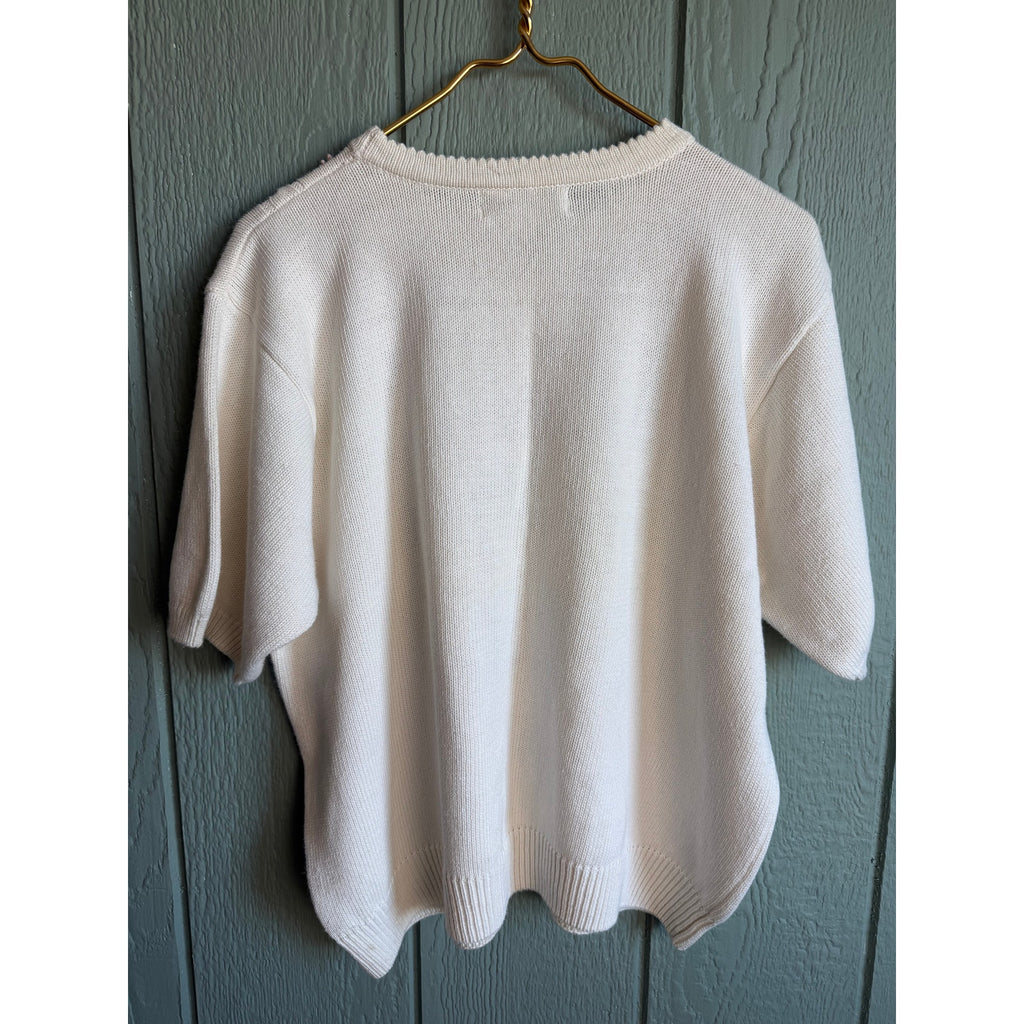 Vintage Floral Embroidered Cable Knit Sweater Ivory Cotton Ramie 1X Cottagecore