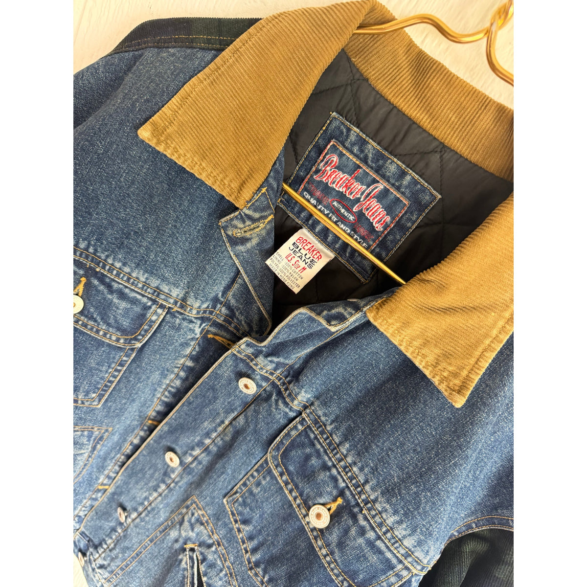 90s Breaker Jeans Denim Jacket Mens M Plaid Corduroy Barn Chore Quilted
