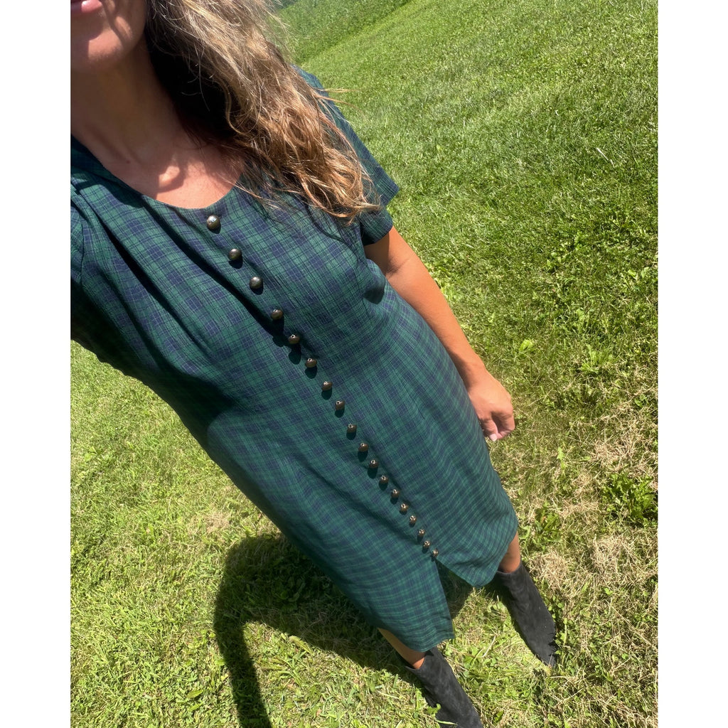 Vintage 90s Scarlett Green Tartan Plaid Midi Maxi Dress Button Front Grunge
