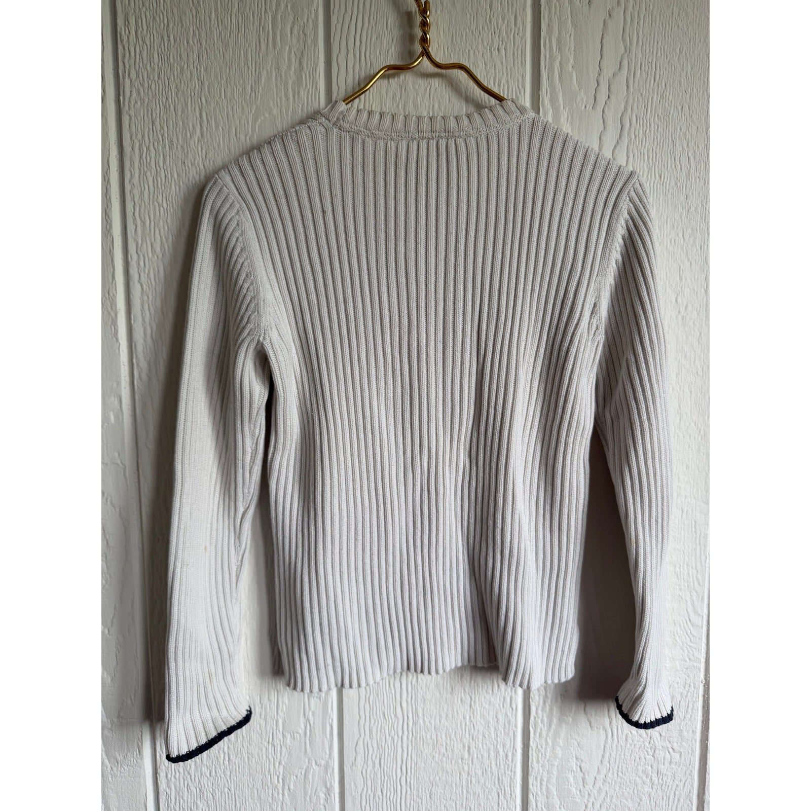 Vintage Polo Ralph Lauren Ribbed Knit Creamy Beige Luxury USA Flag Sweater Med