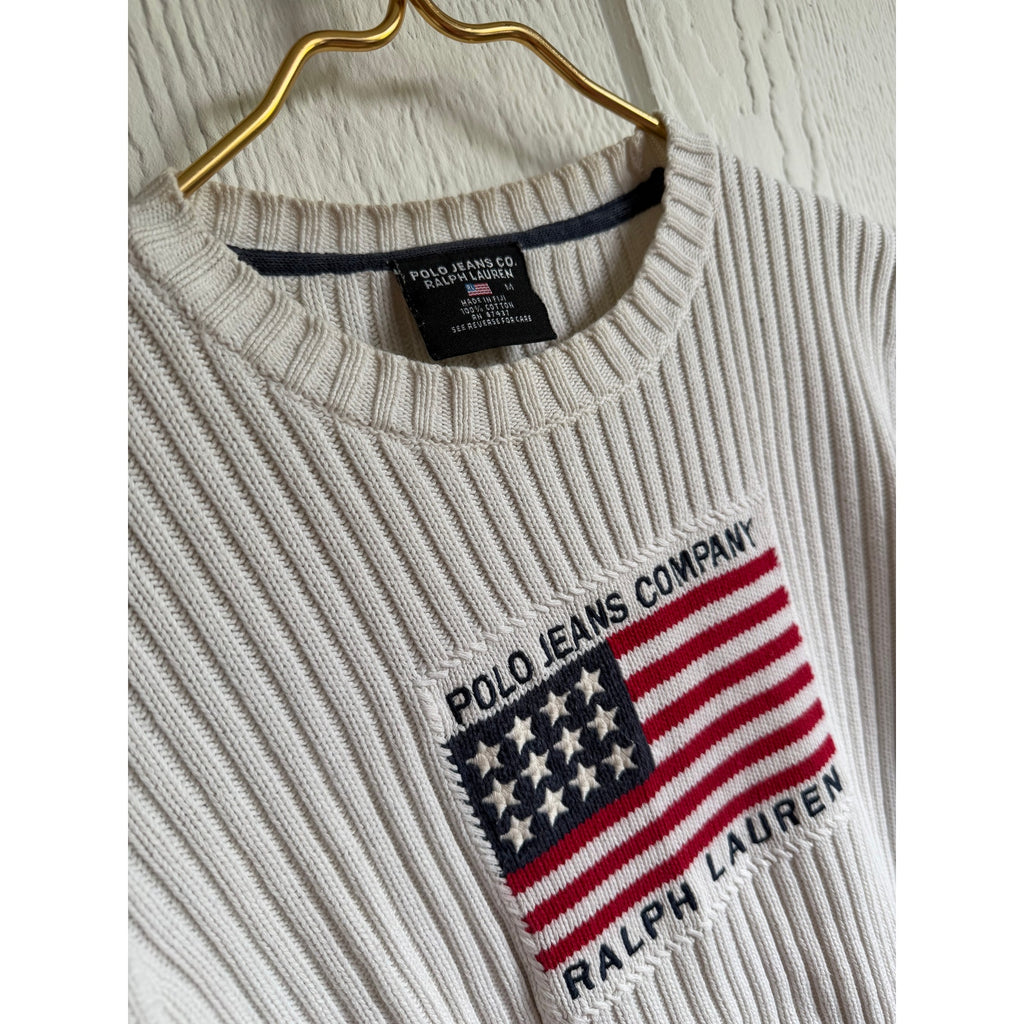 Vintage Polo Ralph Lauren Ribbed Knit Creamy Beige Luxury USA Flag Sweater Med