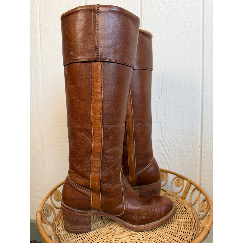 Vintage Frye Campus Style Tall Leather Boots Brown Cognac USA 8.5 Women's