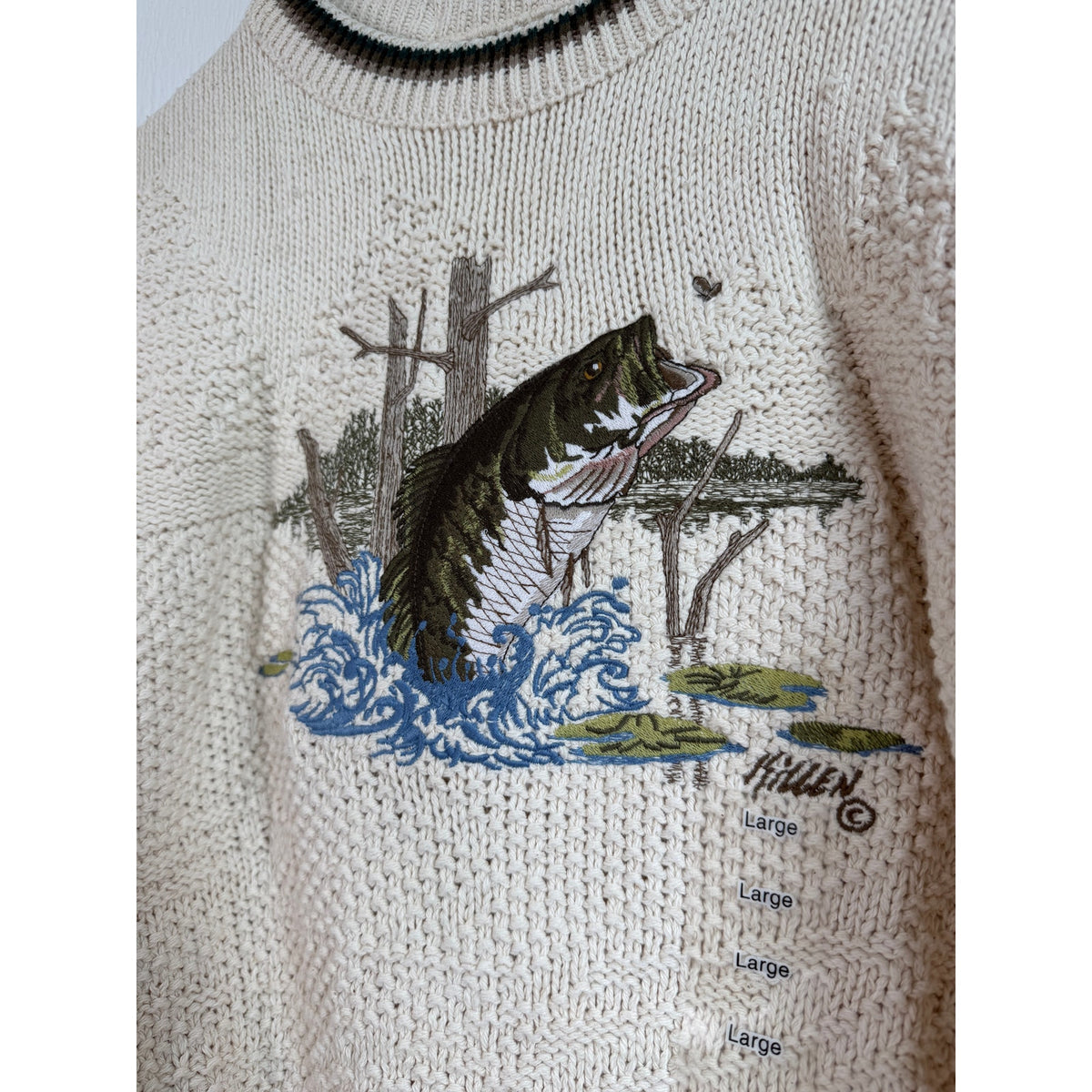 NWT Vintage Shenandoah Sweater Large Largemouth Bass Knit Crewneck Cotton USA