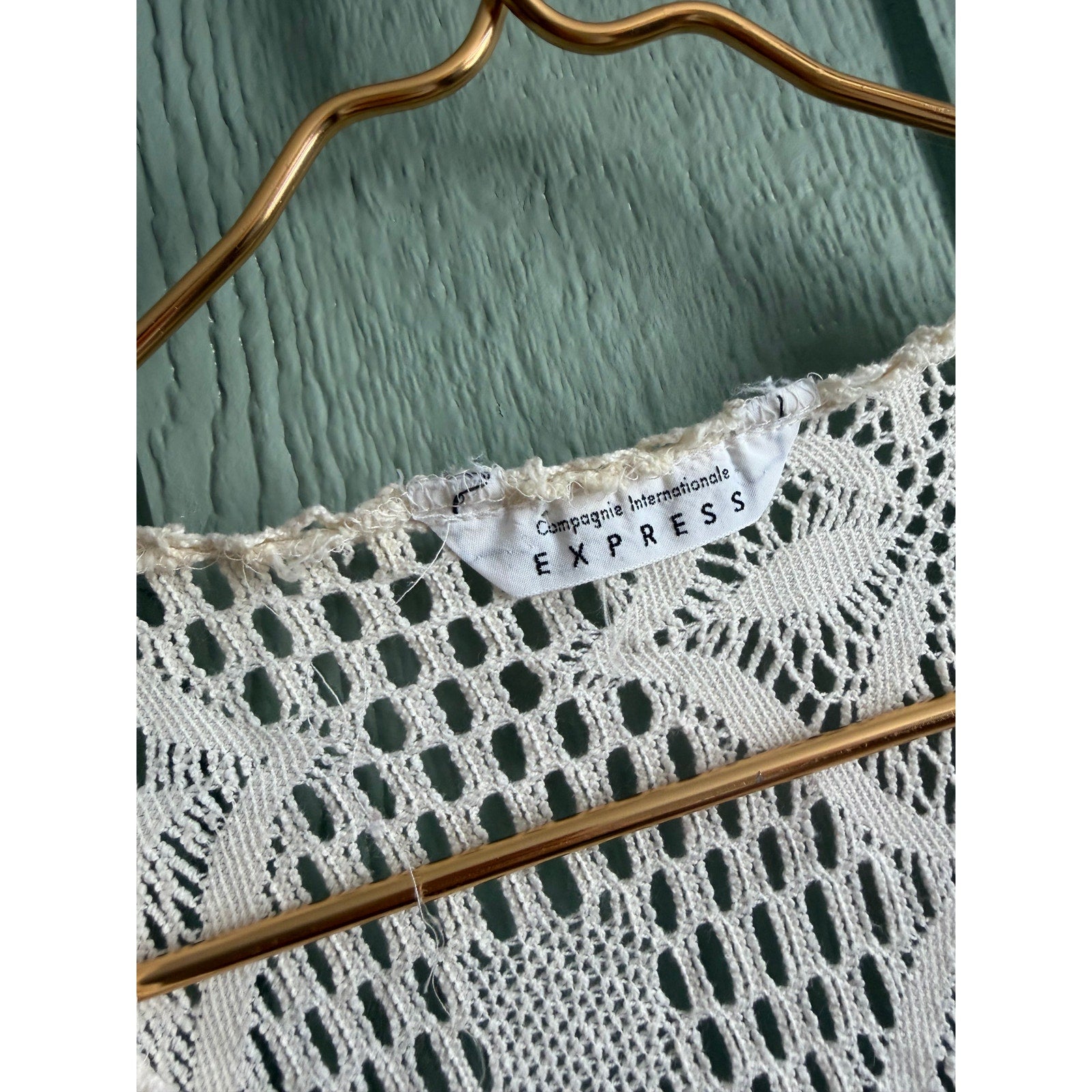 Vintage Express Crochet Knit Vest Cream Open Front Boho 90s USA