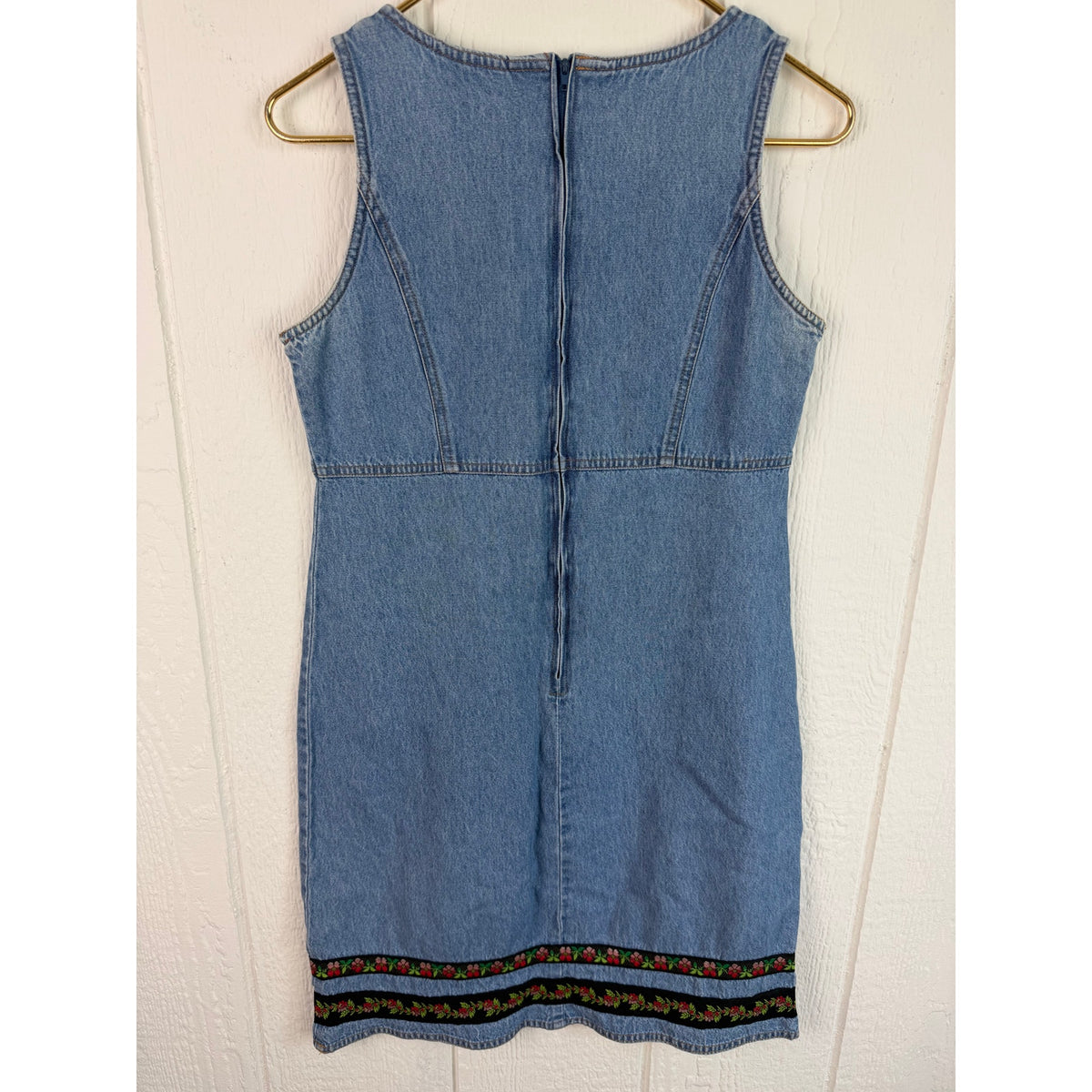 Vintage 90s Positive Attitude Denim Mini Dress Size 6 Floral Embroidered Y2K