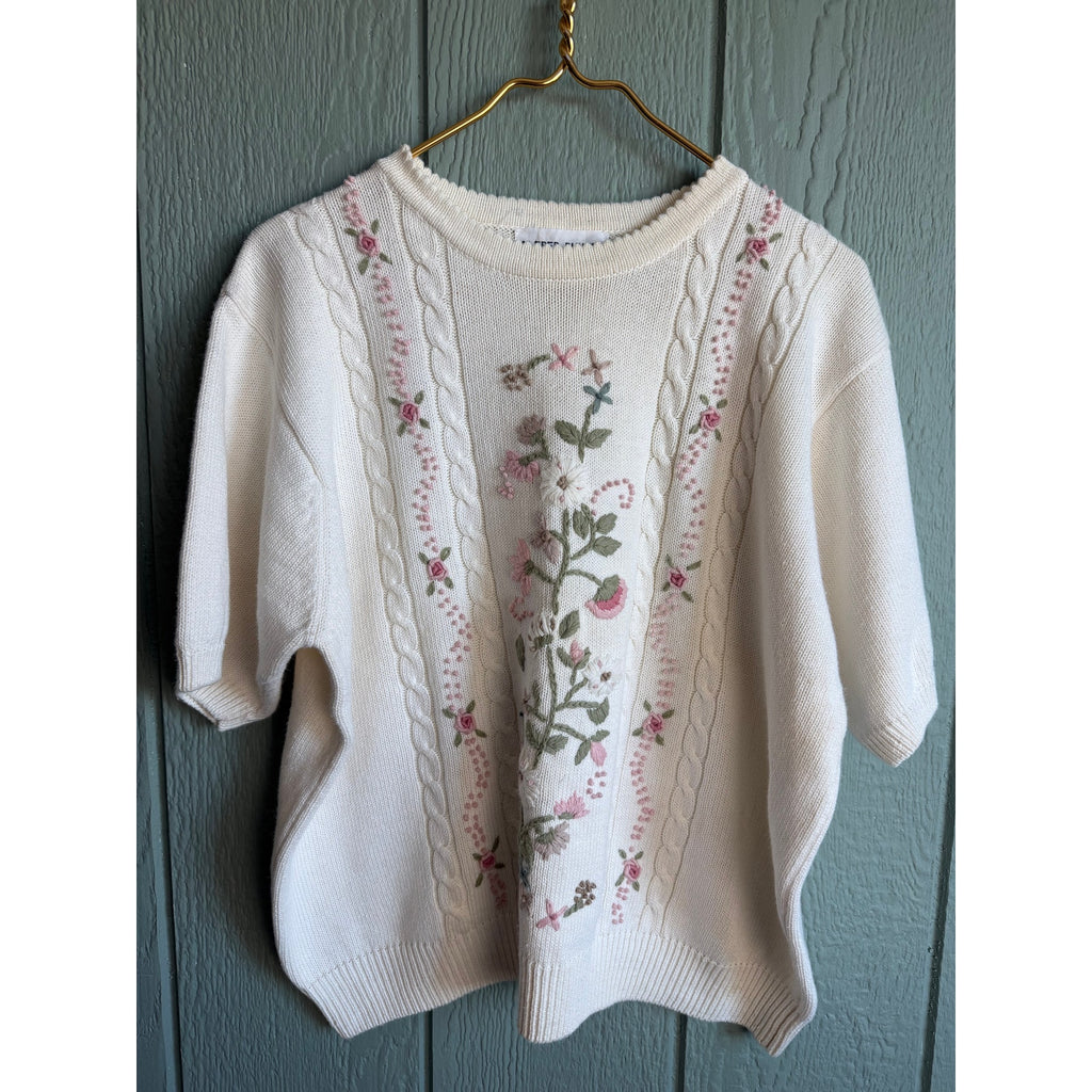 Vintage Floral Embroidered Cable Knit Sweater Ivory Cotton Ramie 1X Cottagecore