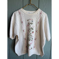 Vintage Floral Embroidered Cable Knit Sweater Ivory Cotton Ramie 1X Cottagecore