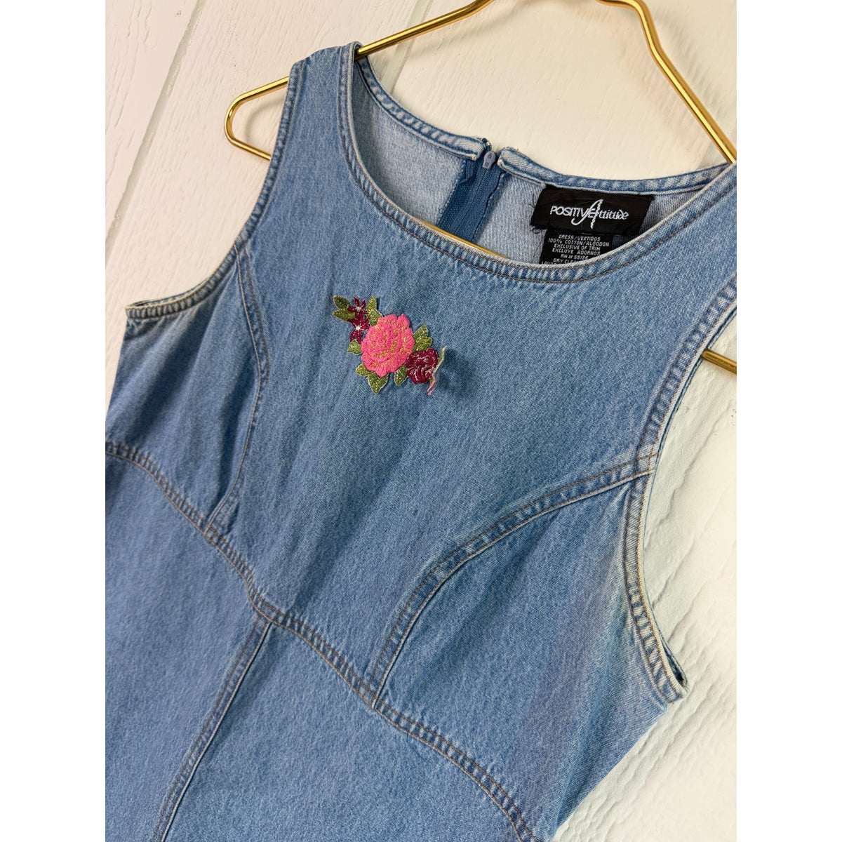 Vintage 90s Positive Attitude Denim Mini Dress Size 6 Floral Embroidered Y2K