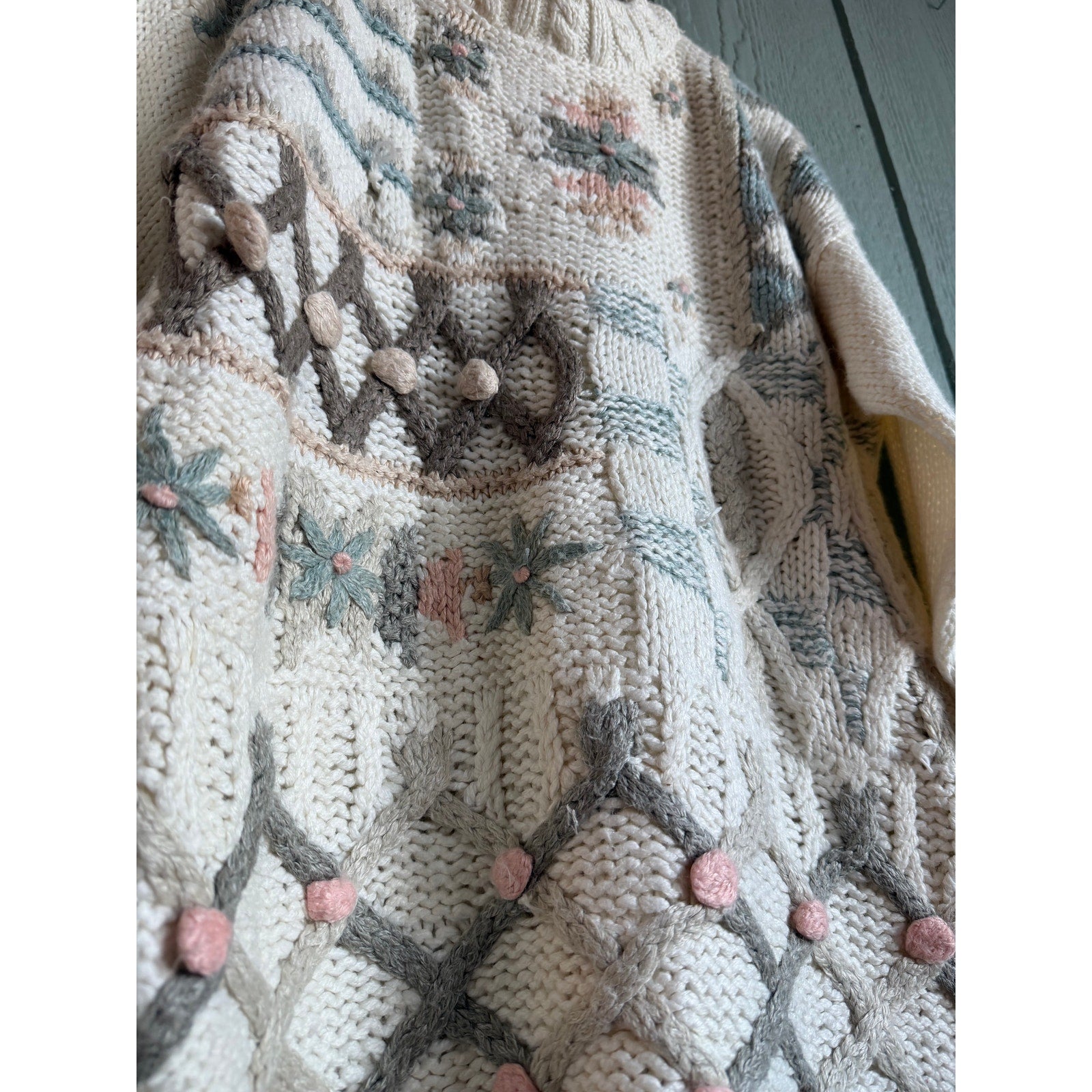 Vintage 90s Hand-Knit Patchwork Sweater Cottagecore Medium