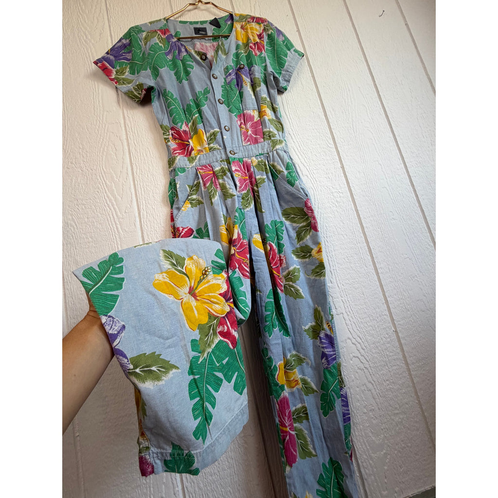 Vintage 80s Floral Jumpsuit Tropical Jumpsuit Liz Wear Jumpsuit, Med