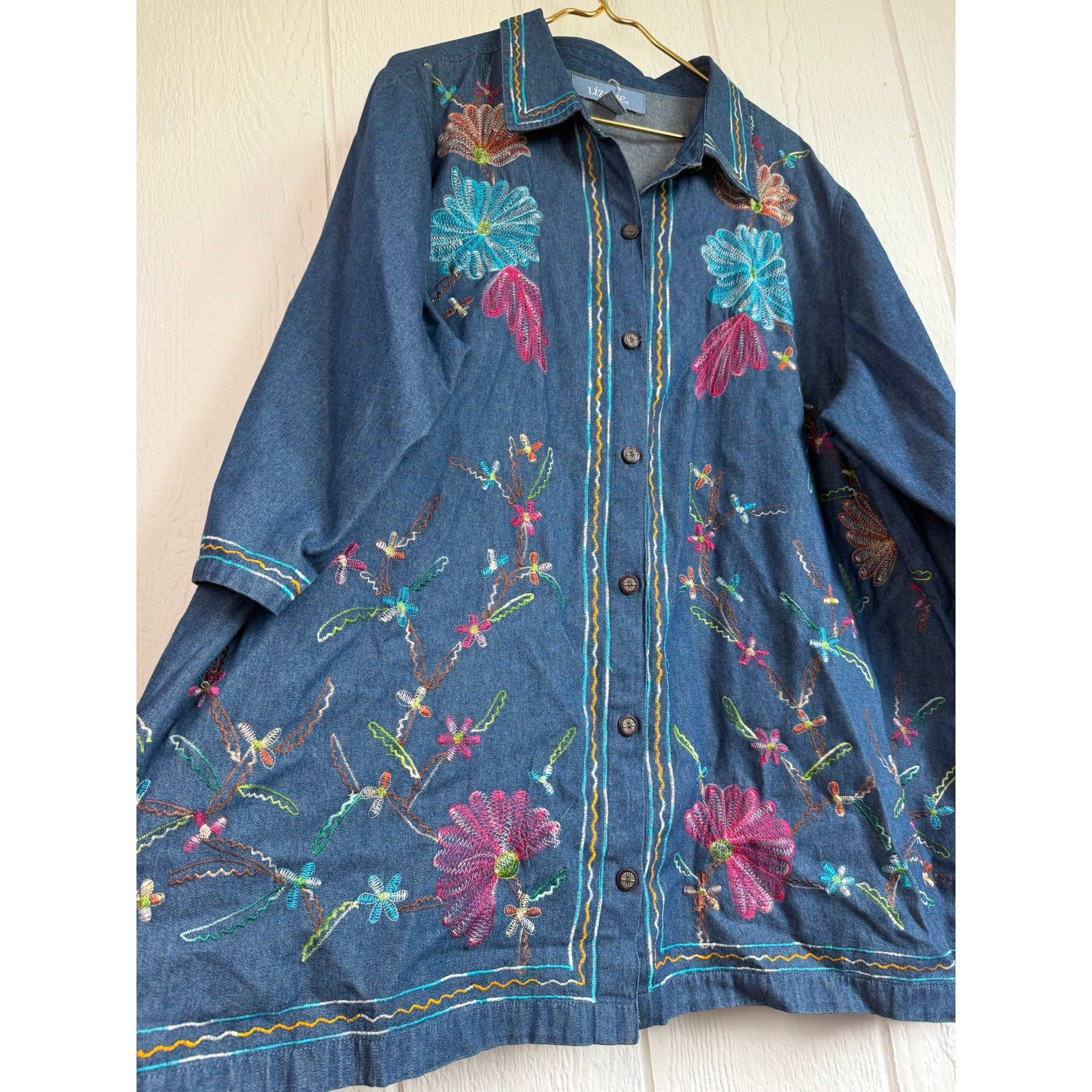 Liz & Me 3X Embroidered Denim Button Up Tunic Floral Boho Cottagecore Plus