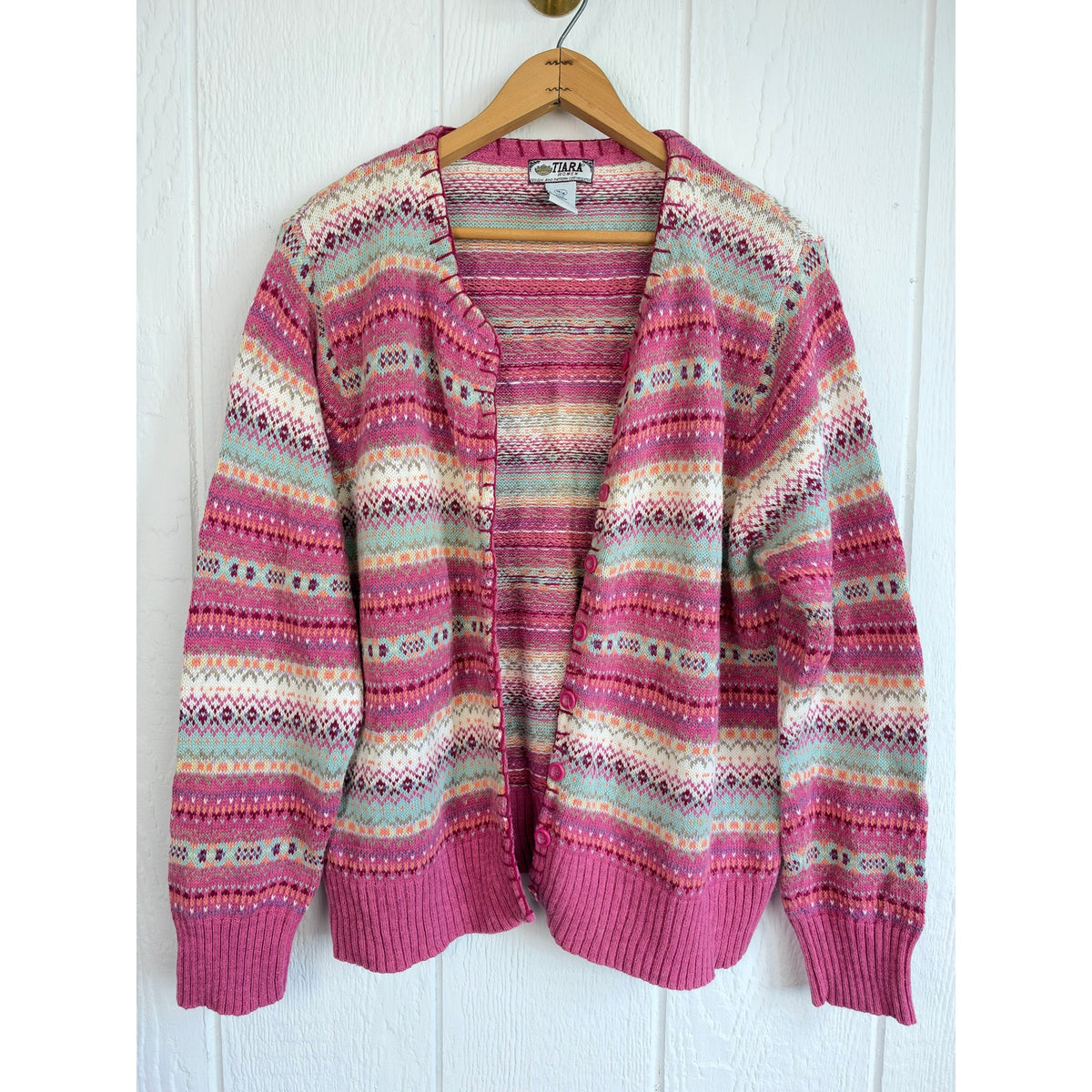 Vintage Tiara Fair Isle Cardigan Sweater Pink Pastel Nordic Cottagecore 14/16