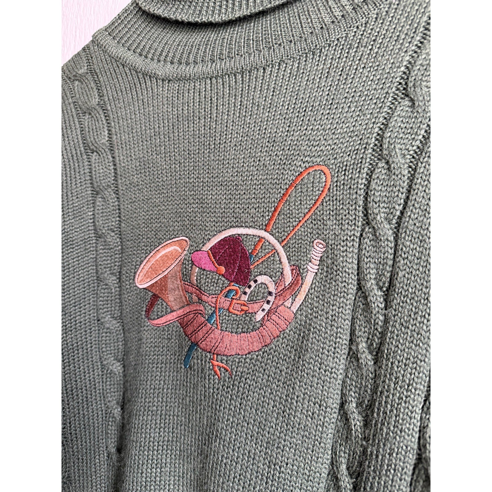 Vintage Herman Geist Cable Knit Sweater Wool Blend Embroidered Bird Horn M