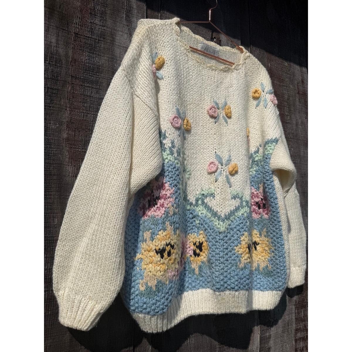 Vintage Hand Knit Floral Embroidered Sweater