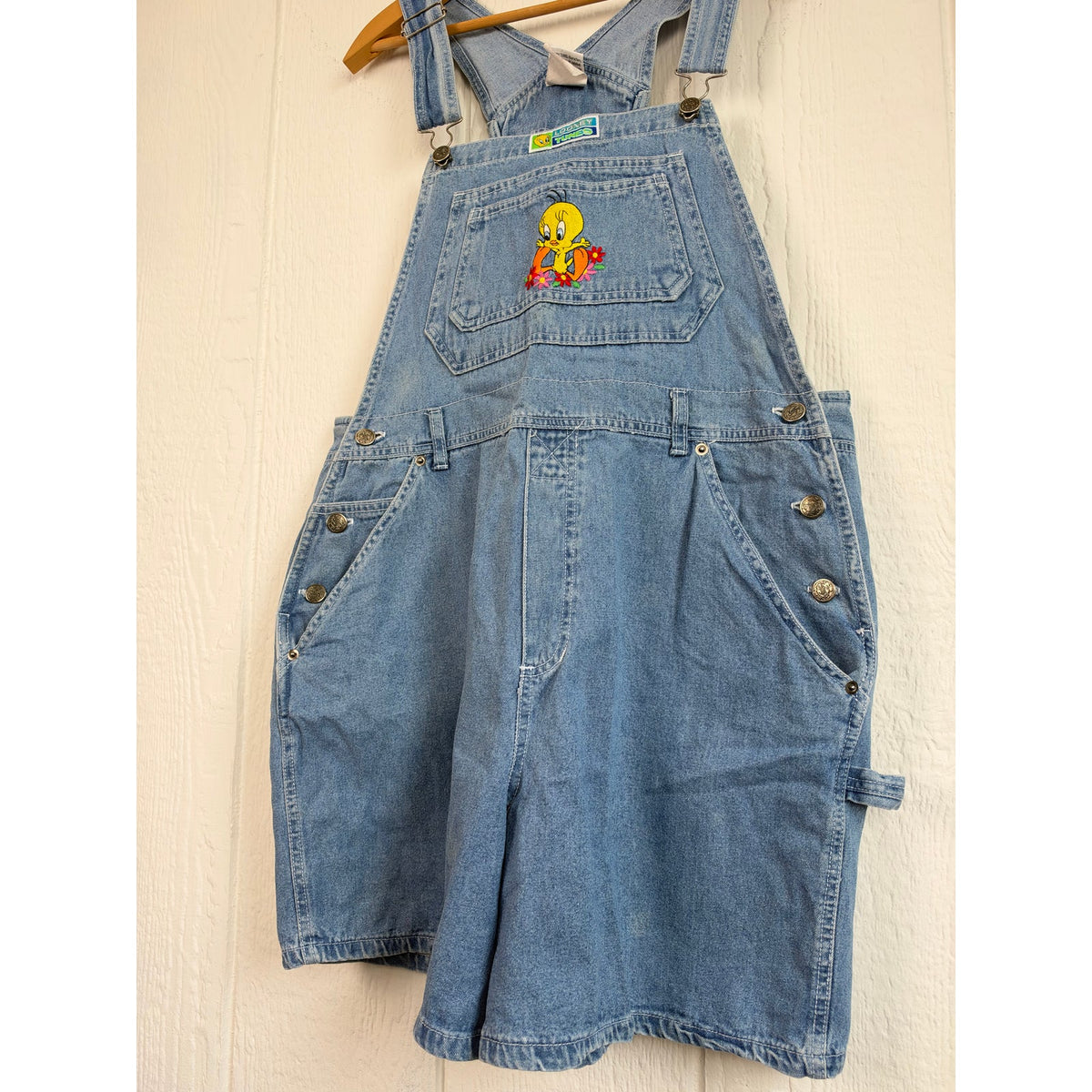 Vintage 90s Y2K Looney Tunes Tweety Bird Denim Shortalls Embroidered Large
