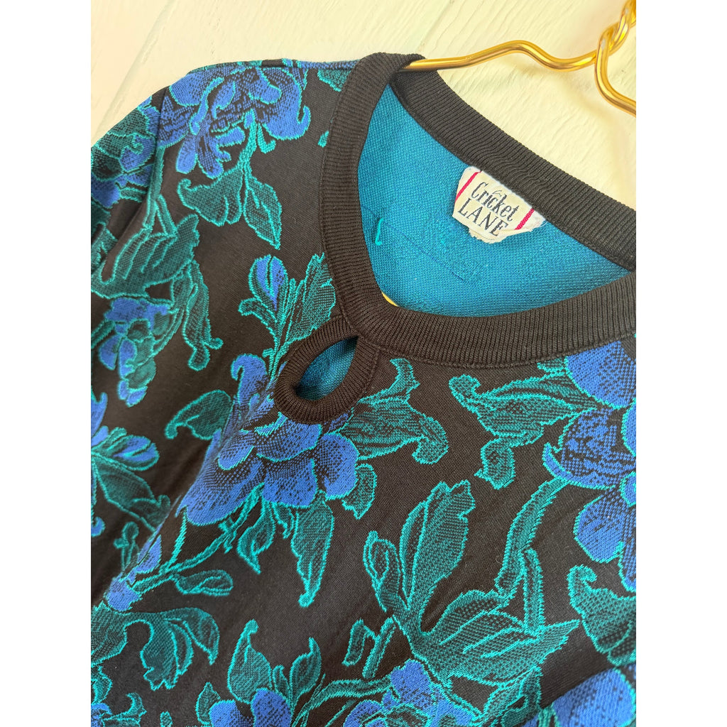 Vintage 80s 90s Cricket Lane Floral Jacquard Sweater Keyhole Black Teal Blue