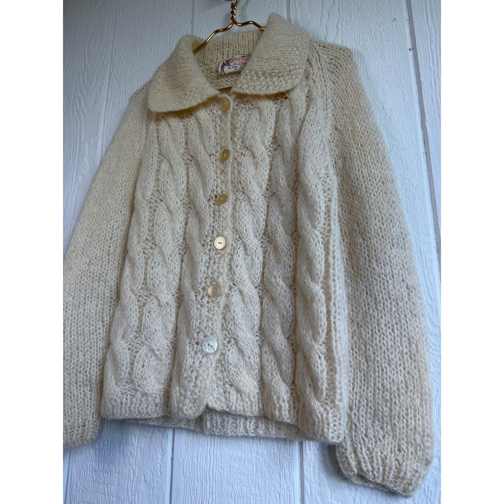 Vintage 70s Hand Made in Italy Wool Mohair Cable Knit Cardigan Sweater Ivory