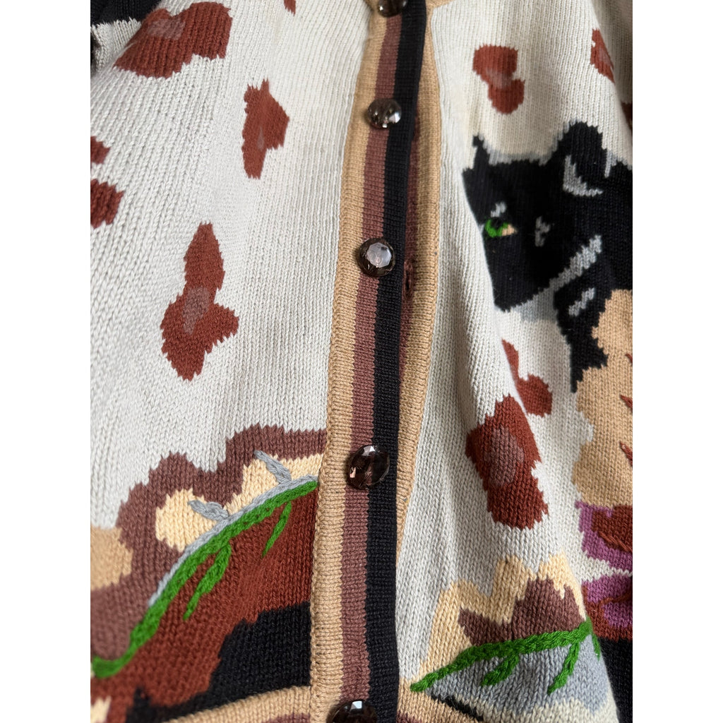NWT Vintage Storybrook Knits Cat Floral Cardigan Cottagecore Knit Sweater L