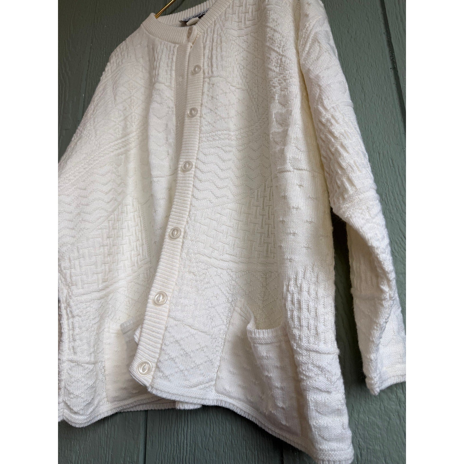 Vintage Jeric Knitwear White Textured Cardigan Made in USA 90s Chunky Knit