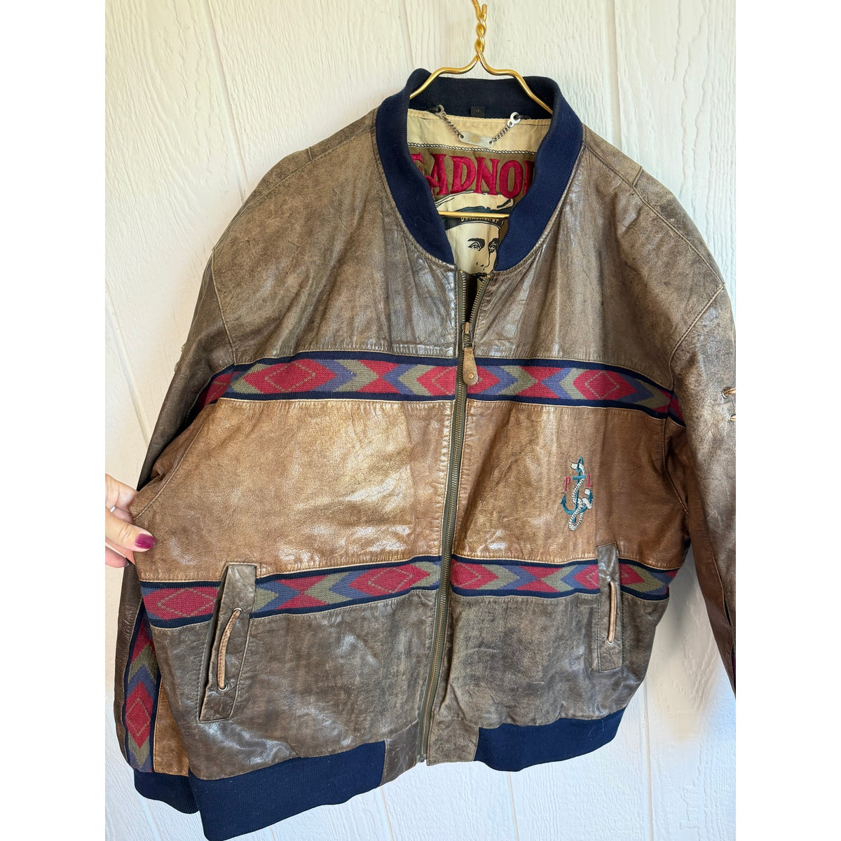 Vintage Leder Rude Peter Lukas Leather Bomber Jacket 58 Aztec Nautical German