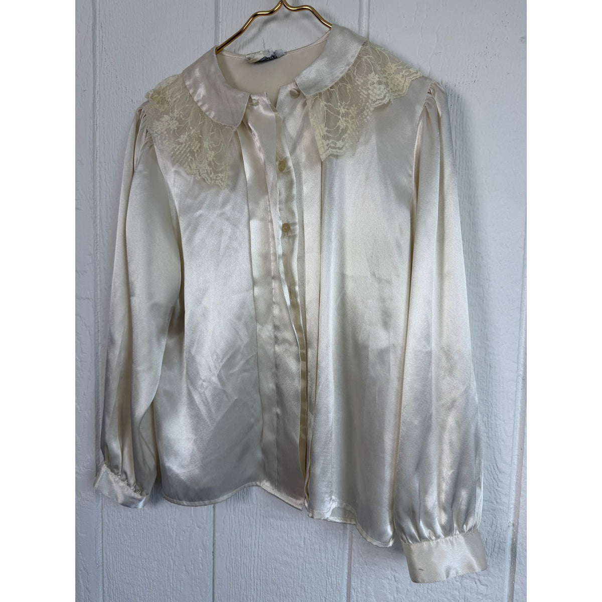 Vintage Lady Manhattan Ivory Satin Blouse Lace Collar Victorian Coquette Size 6