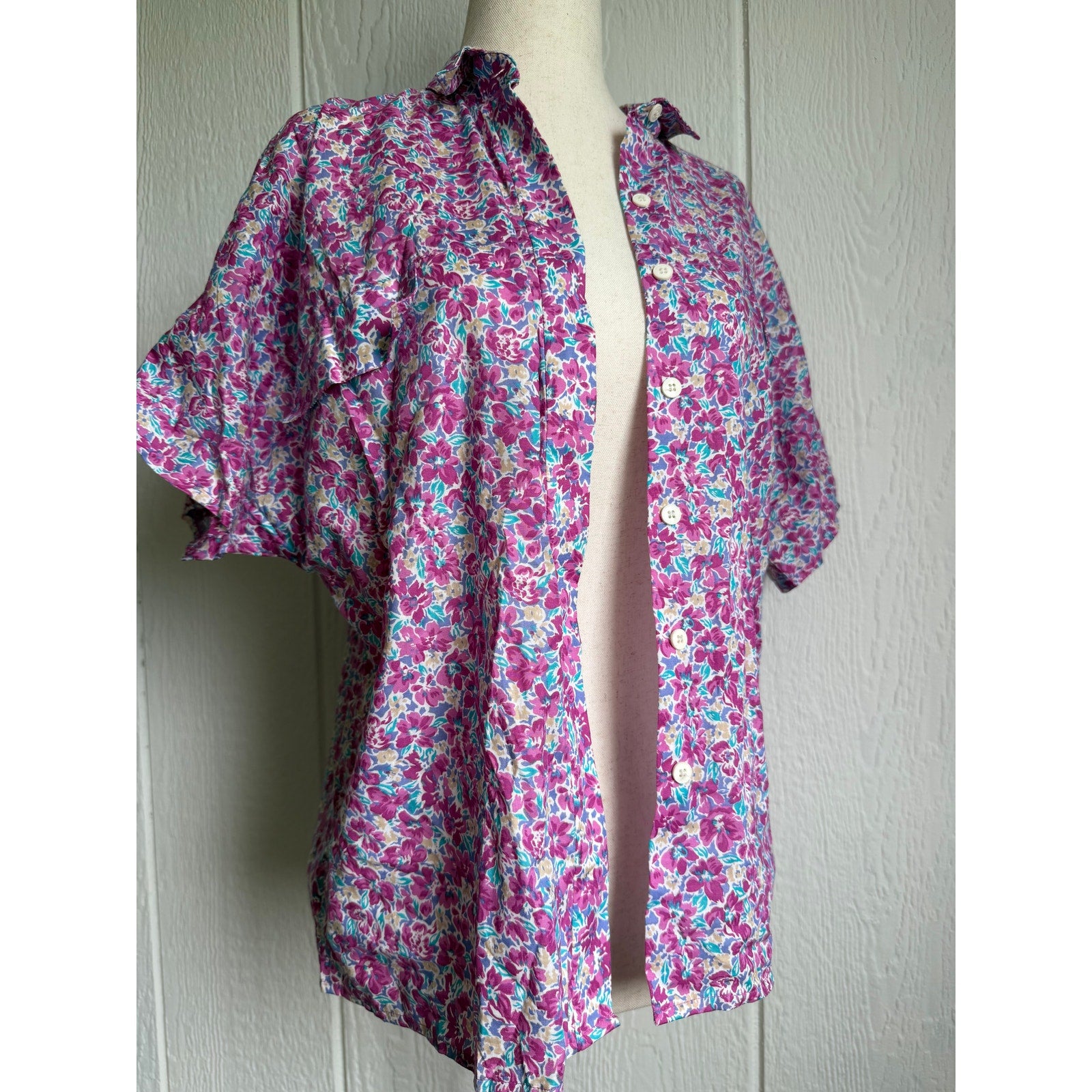 Vintage Floral Button Up Blouse Pink Purple Cottagecore Short Sleeve Shirt