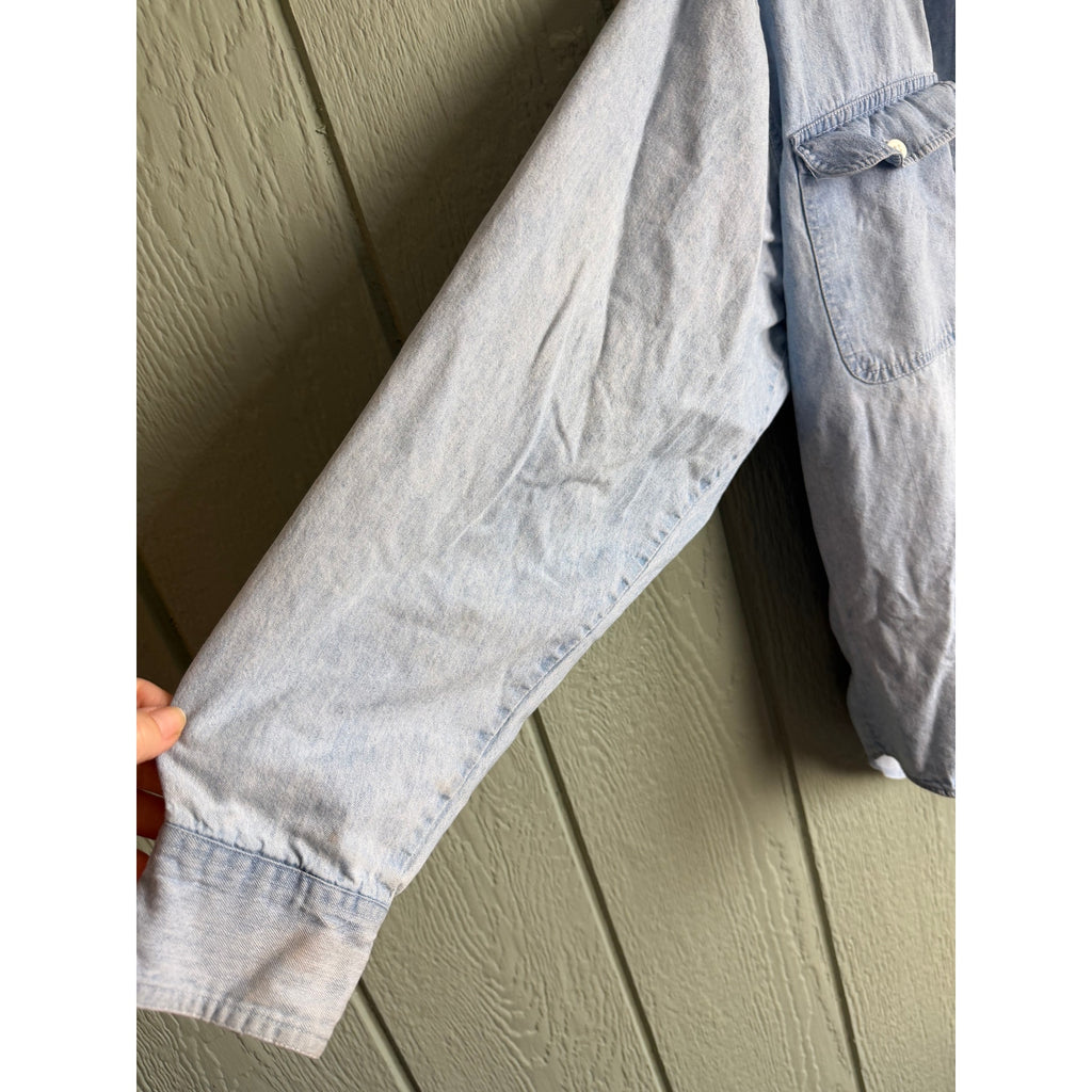 Vintage Denim Button-Up Shirt | Plaid Lined Collar | 90s Workwear