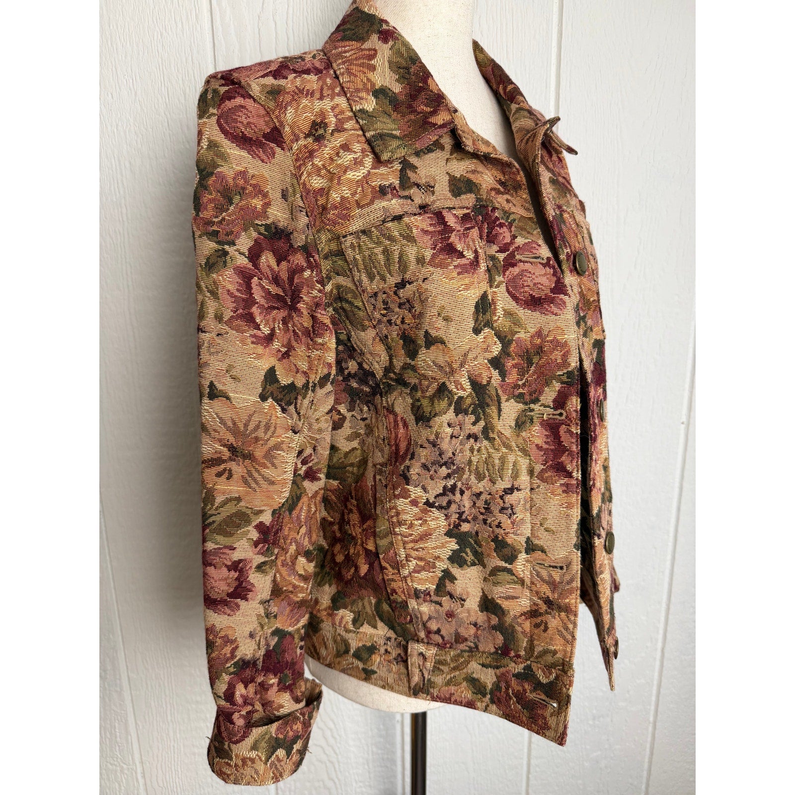 Vintage Floral Tapestry Jacket Cottagecore Boho Button Front Jacket Women Medium