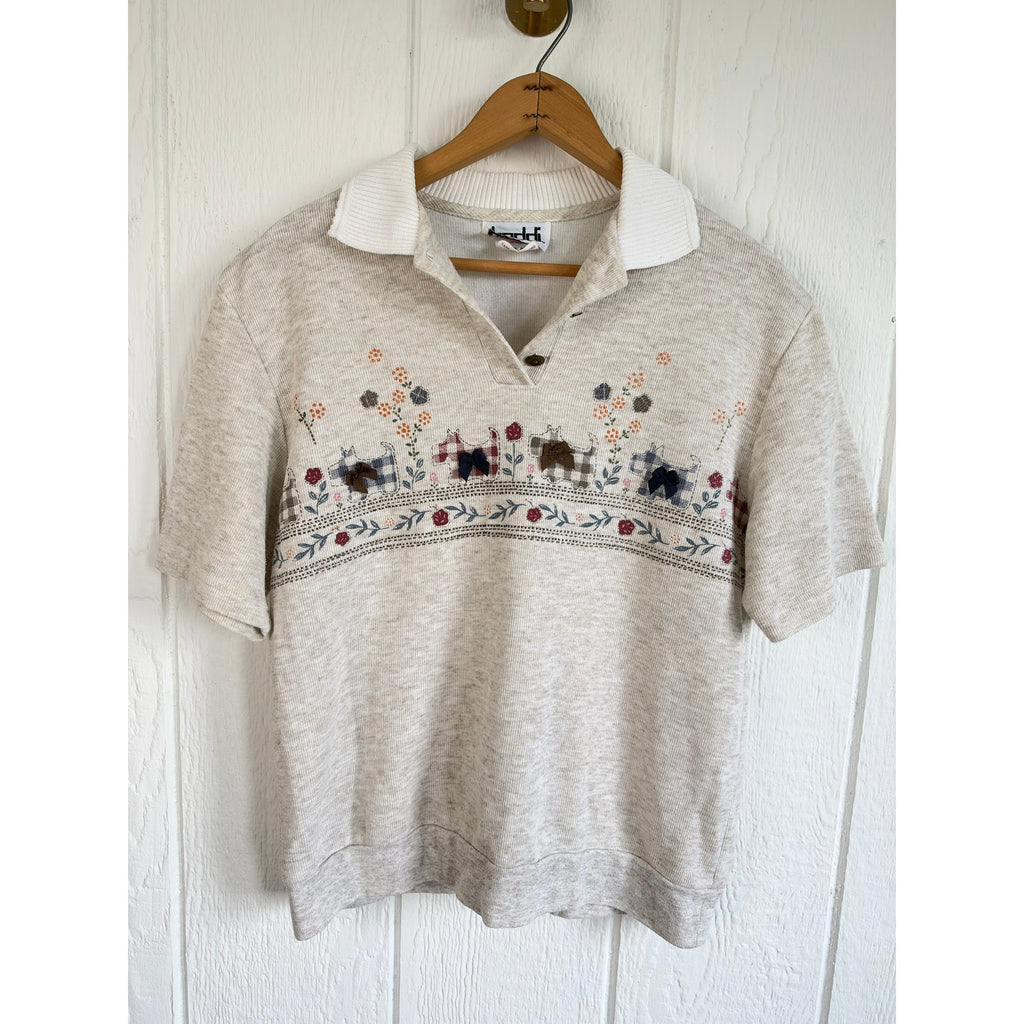 Vintage 90s Teddi Petite Scottie Dog Embroidered Knit Polo Sweater PM USA