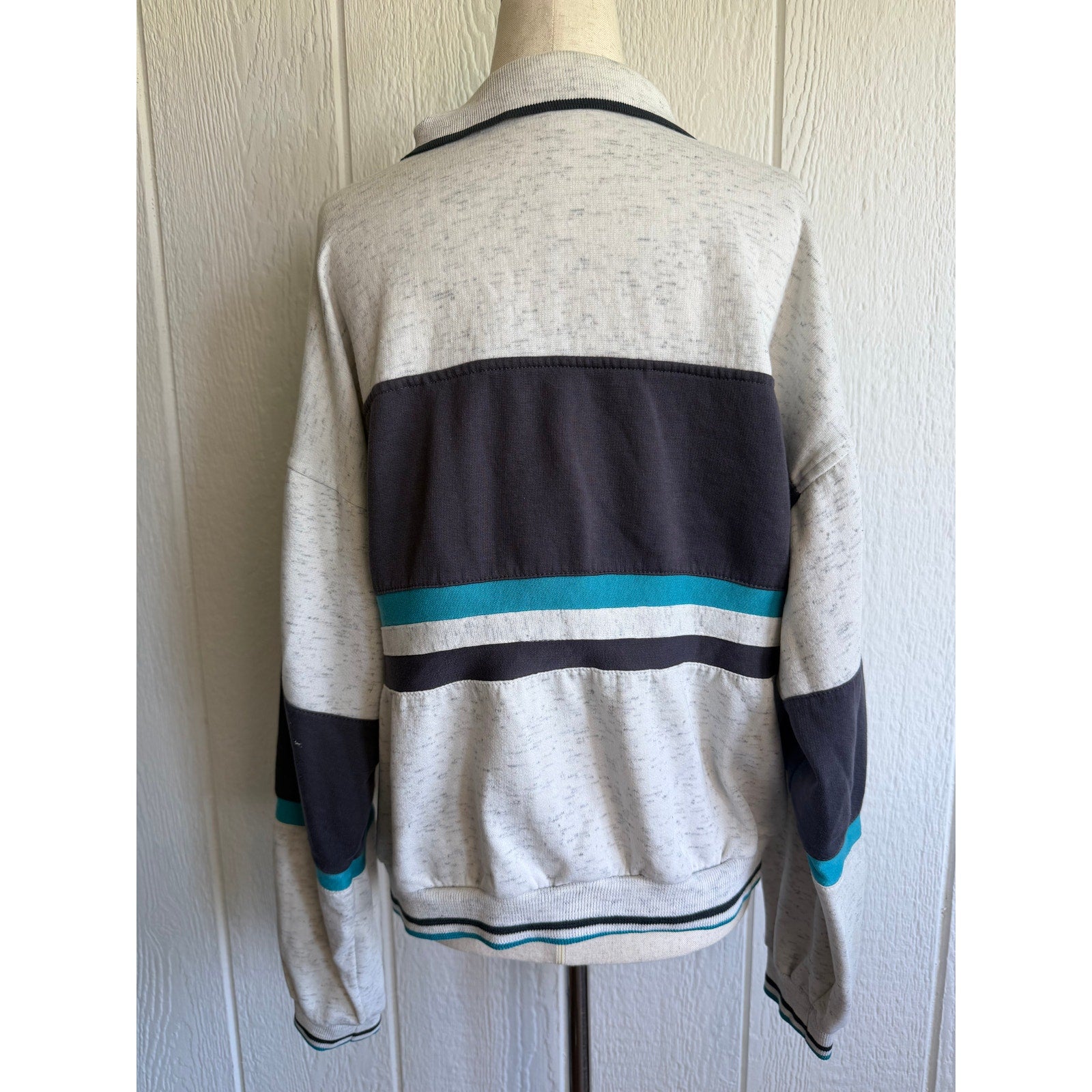 Vintage Colorblock Pullover Sweatshirt Collared Teal Gray Retro M