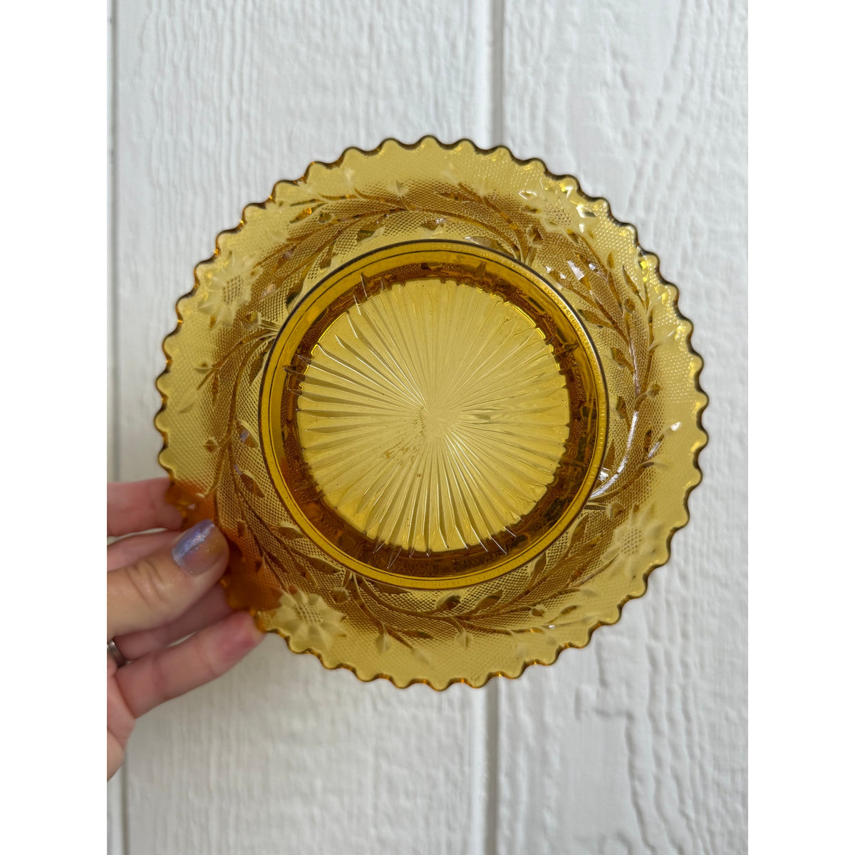 Vintage Amber Glass Footed Serving Bowl Scalloped Edge Floral Pressed Glass
