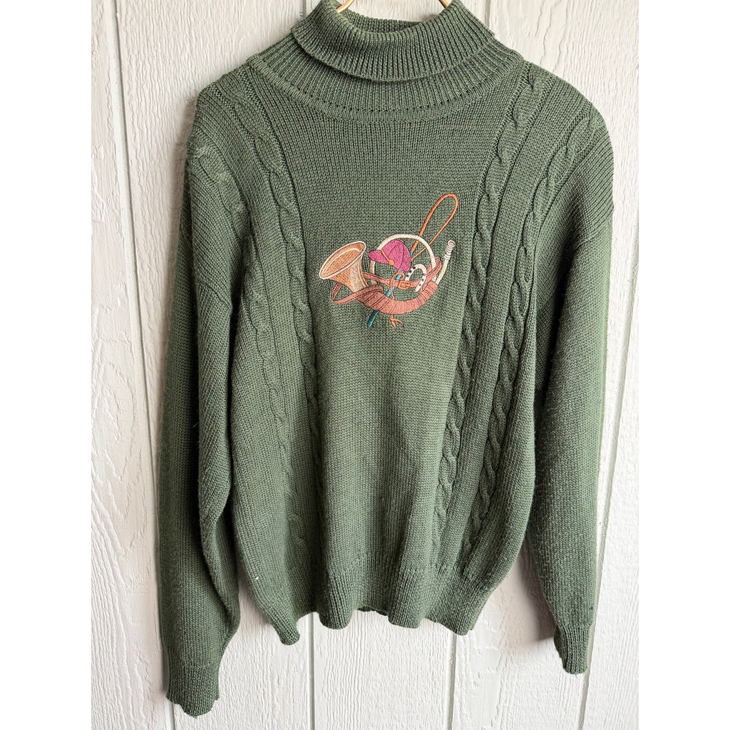 Vintage Herman Geist Cable Knit Sweater Wool Blend Embroidered Bird Horn M