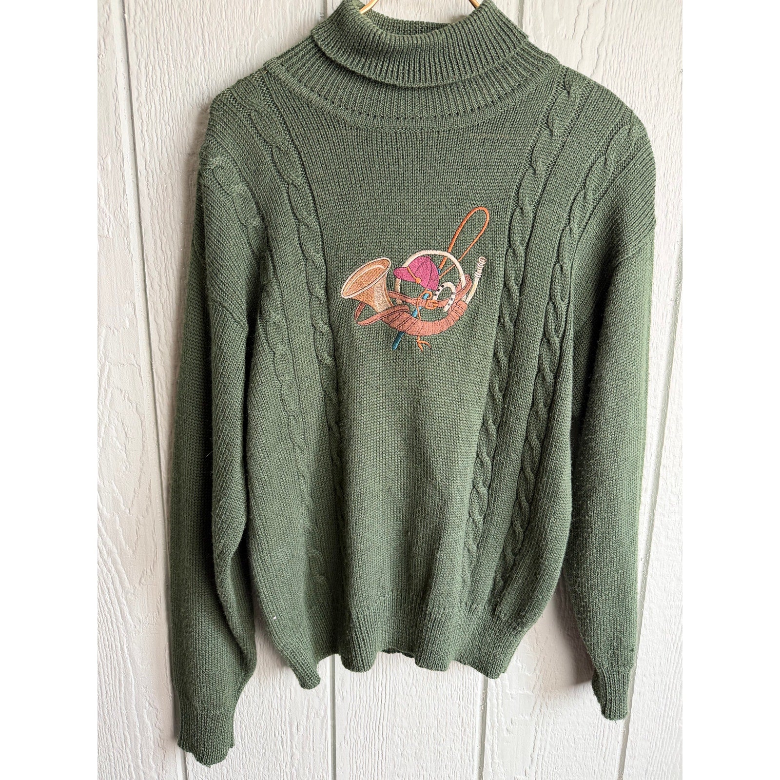 Vintage Herman Geist Cable Knit Sweater Wool Blend Embroidered Bird Horn M