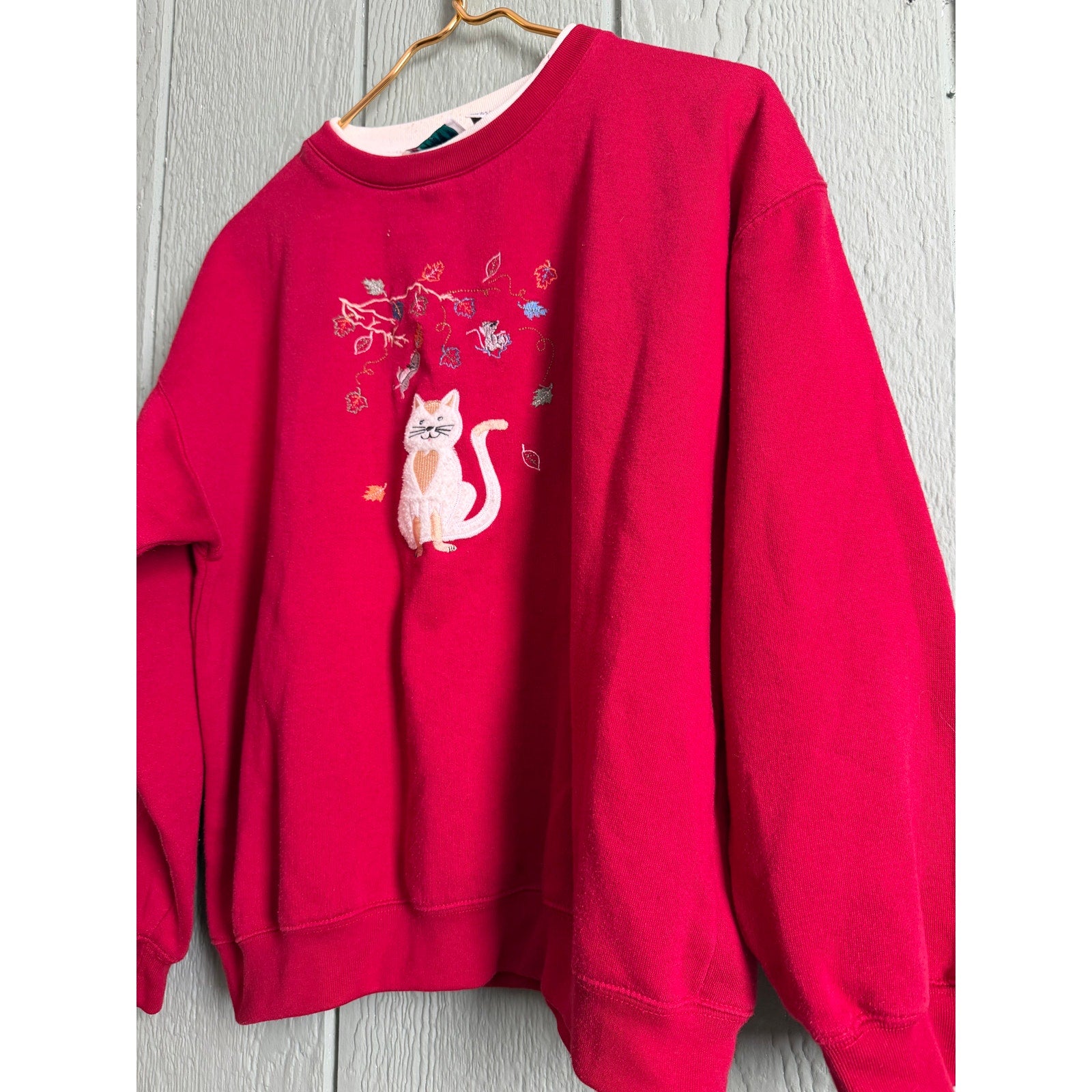 Vintage 90s Cat Embroidered Sweatshirt Size L Cottagecore