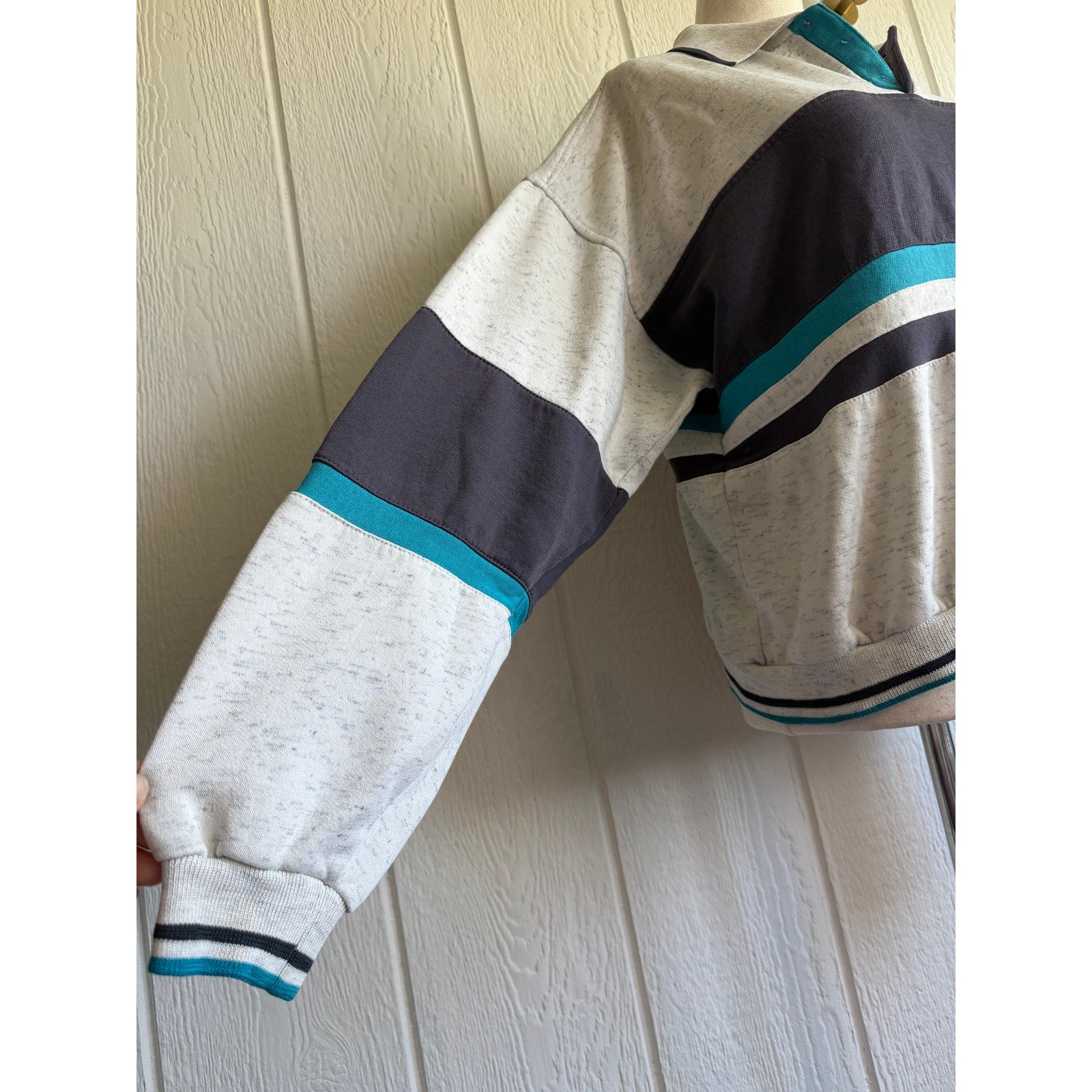 Vintage Colorblock Pullover Sweatshirt Collared Teal Gray Retro M