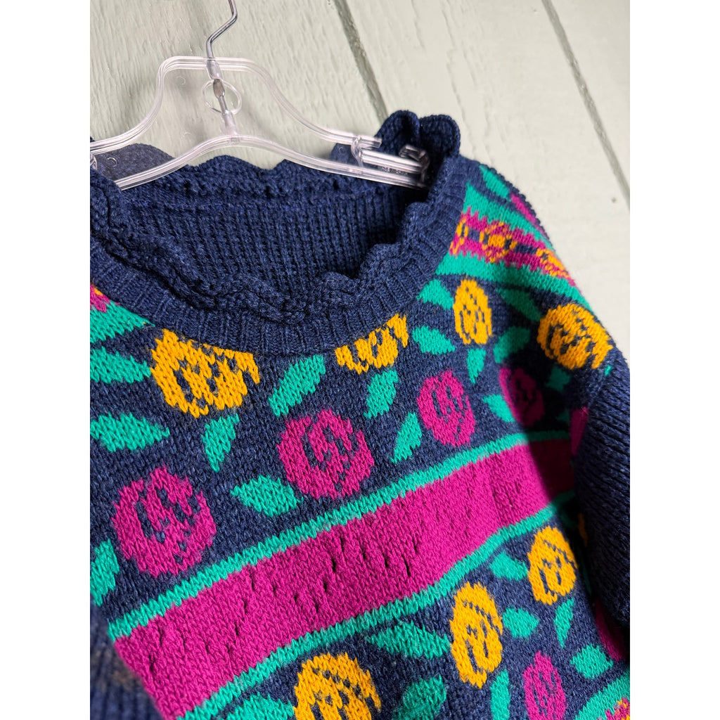 Vintage 80s Girls Sweater Navy Floral Knit Pullover Scalloped Trim Retro
