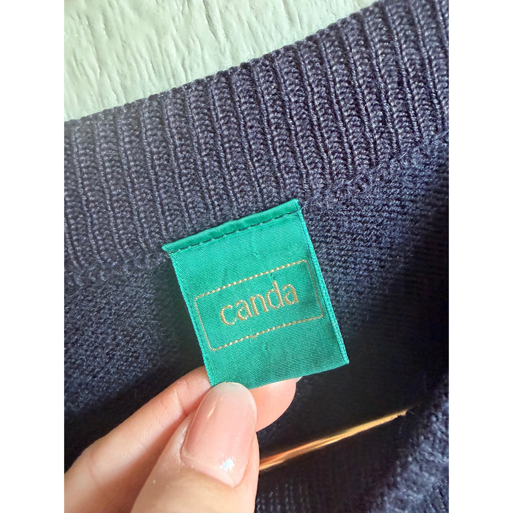 Vintage 90s Canda Knit Sweater Navy Red Teal Striped Textured Crewneck MD